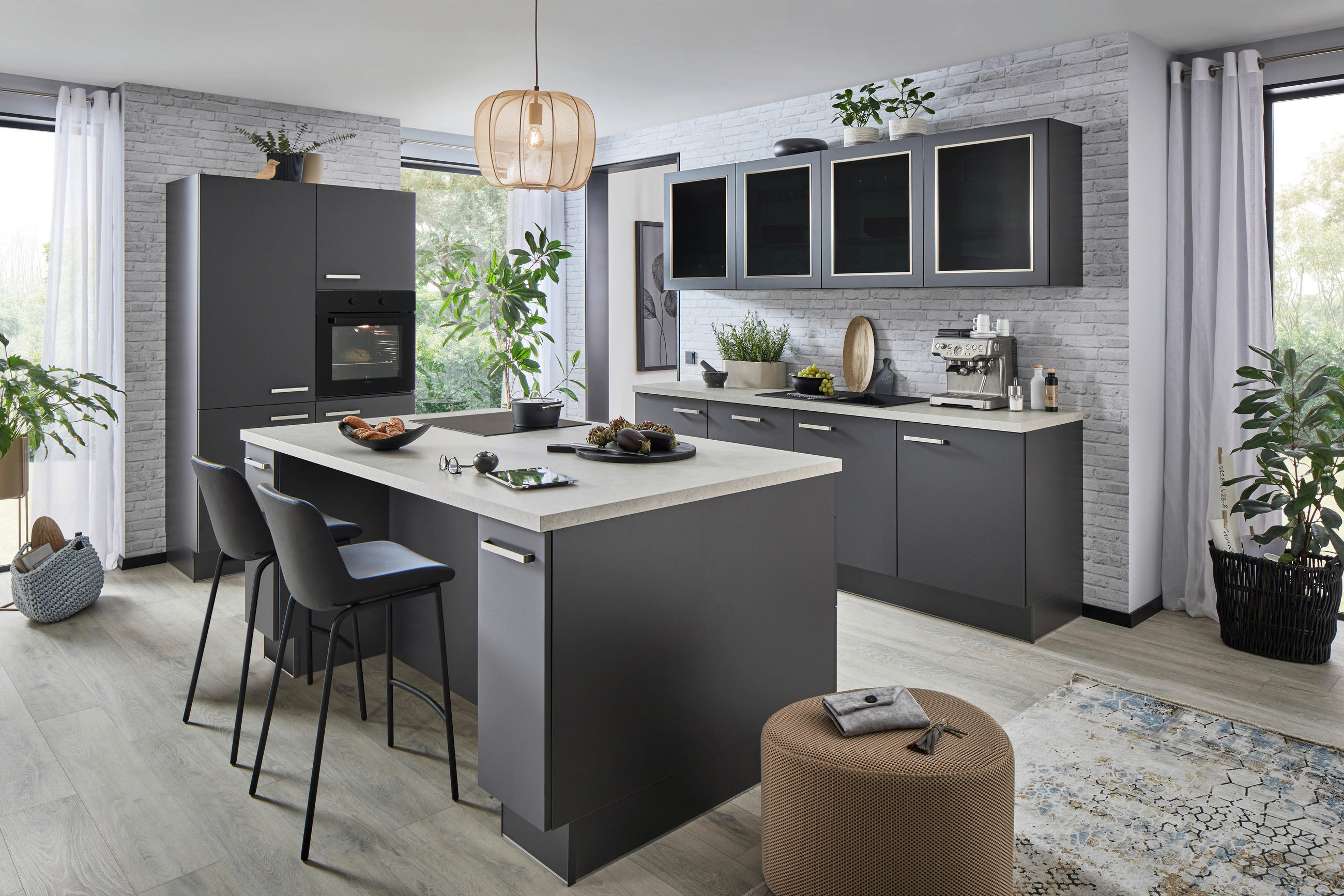 ECKKÜCHE 120/240 cm  in Graphitfarben  - Sandfarben/Edelstahlfarben, KONVENTIONELL, Glas/Holzwerkstoff (120/240cm) - Venda