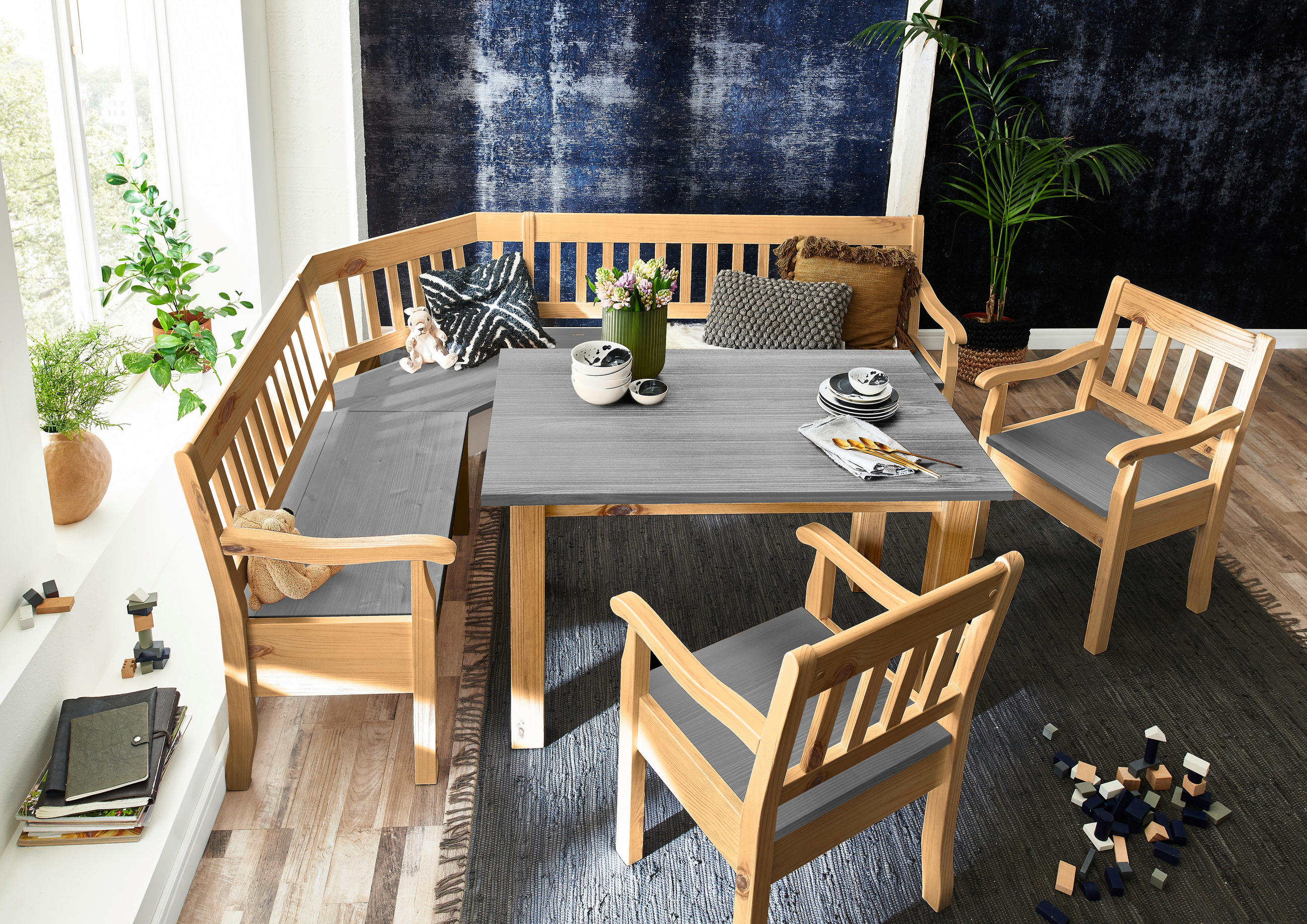 ECKBANK 147/170 cm Laugenfarbig, Grau Kiefer massiv - Laugenfarbig/Grau, ROMANTIK / LANDHAUS, Holz (147/170cm) - Boxxx