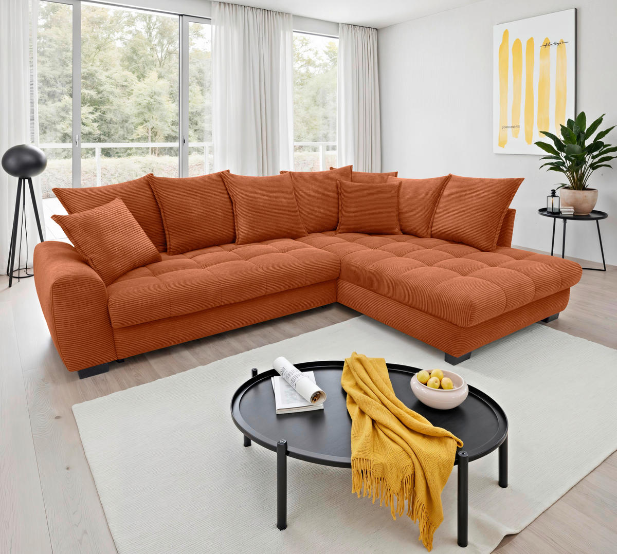 ECKSOFA Dunkelorange Cord Rückenkissen, Armlehnenkissen, Bettkasten, Schlaffunktion, Rücken echt, Liegefläche im Originalstoff  - Dunkelorange/Schwarz, KONVENTIONELL, Kunststoff/Textil (304/212cm) - Carryhome