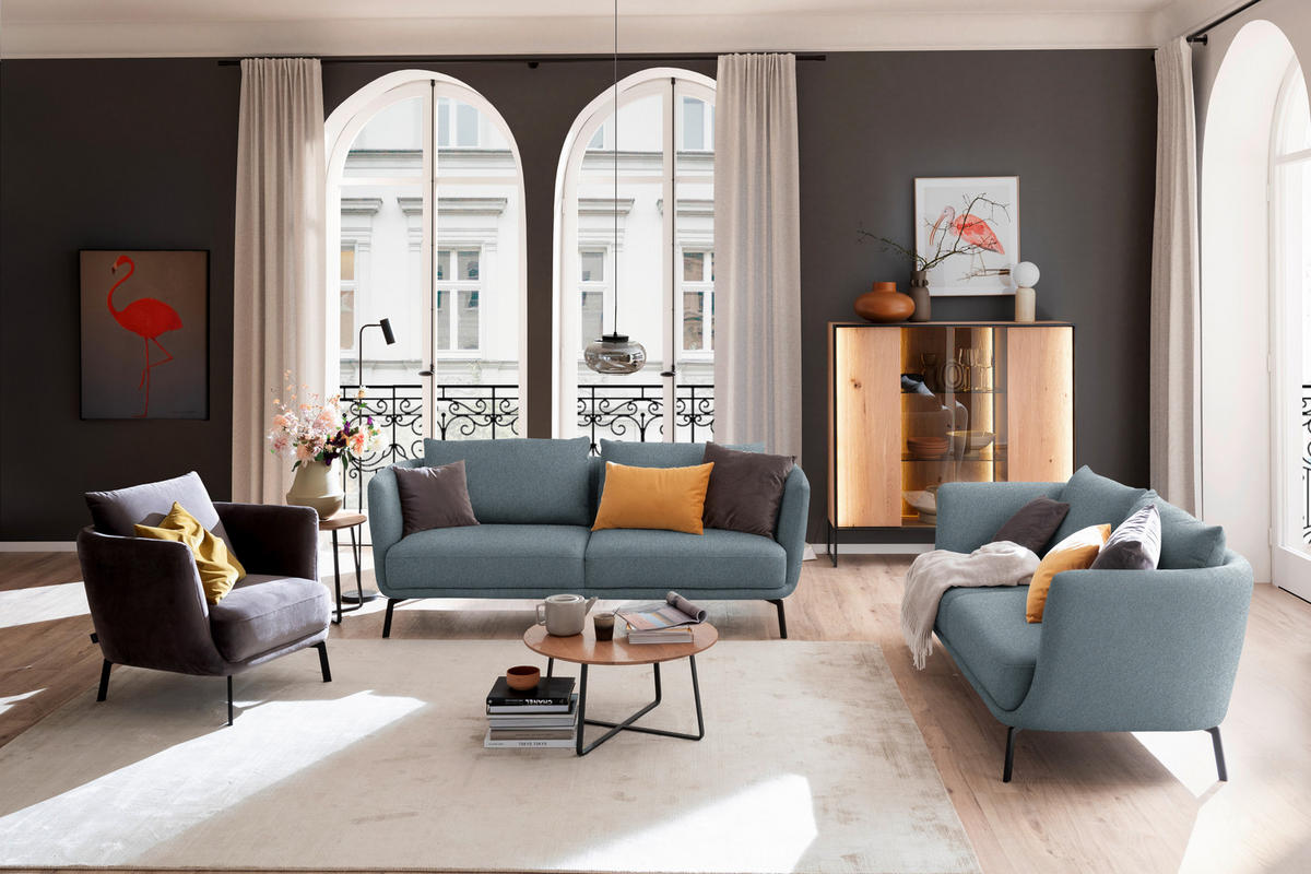 3-SITZER-SOFA  in Flachgewebe Blau  - Blau/Schwarz, Design, Textil/Metall (210/71/91cm) - Schöner Wohnen