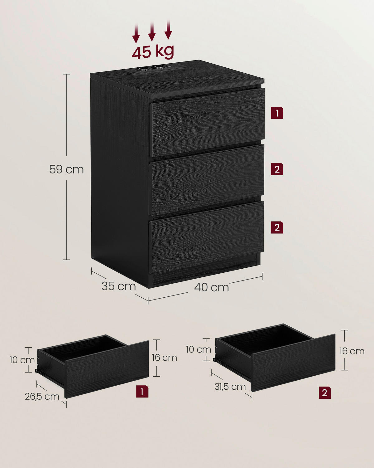 NACHTSCHRANKSET 40/59/35 cm, Schwarz,  - Schwarz, MODERN, Holzwerkstoff (40/59/35cm) - MID.YOU