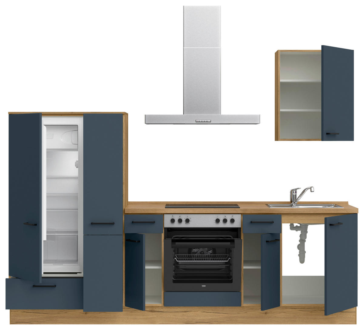 KÜCHENBLOCK Easytouch 270 cm  in Blau, Eichefarben  - Blau/Eichefarben, MODERN, Holzwerkstoff/Metall (270cm) - Nobilia