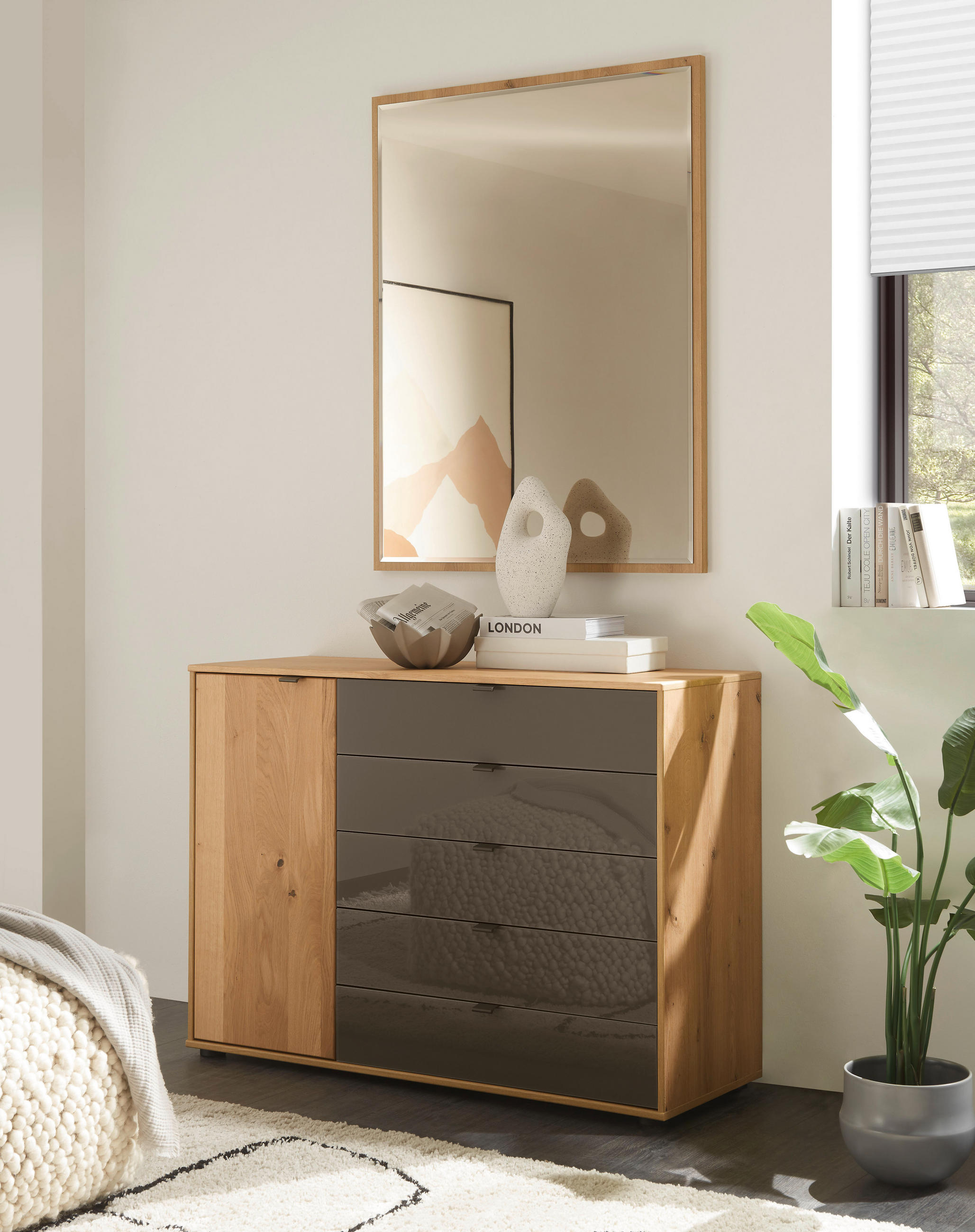 KOMODA, hrast bianco  - črna/barve skrilavca, Konvencionalno, leseni material/les (120/86/43cm) - Linea Natura