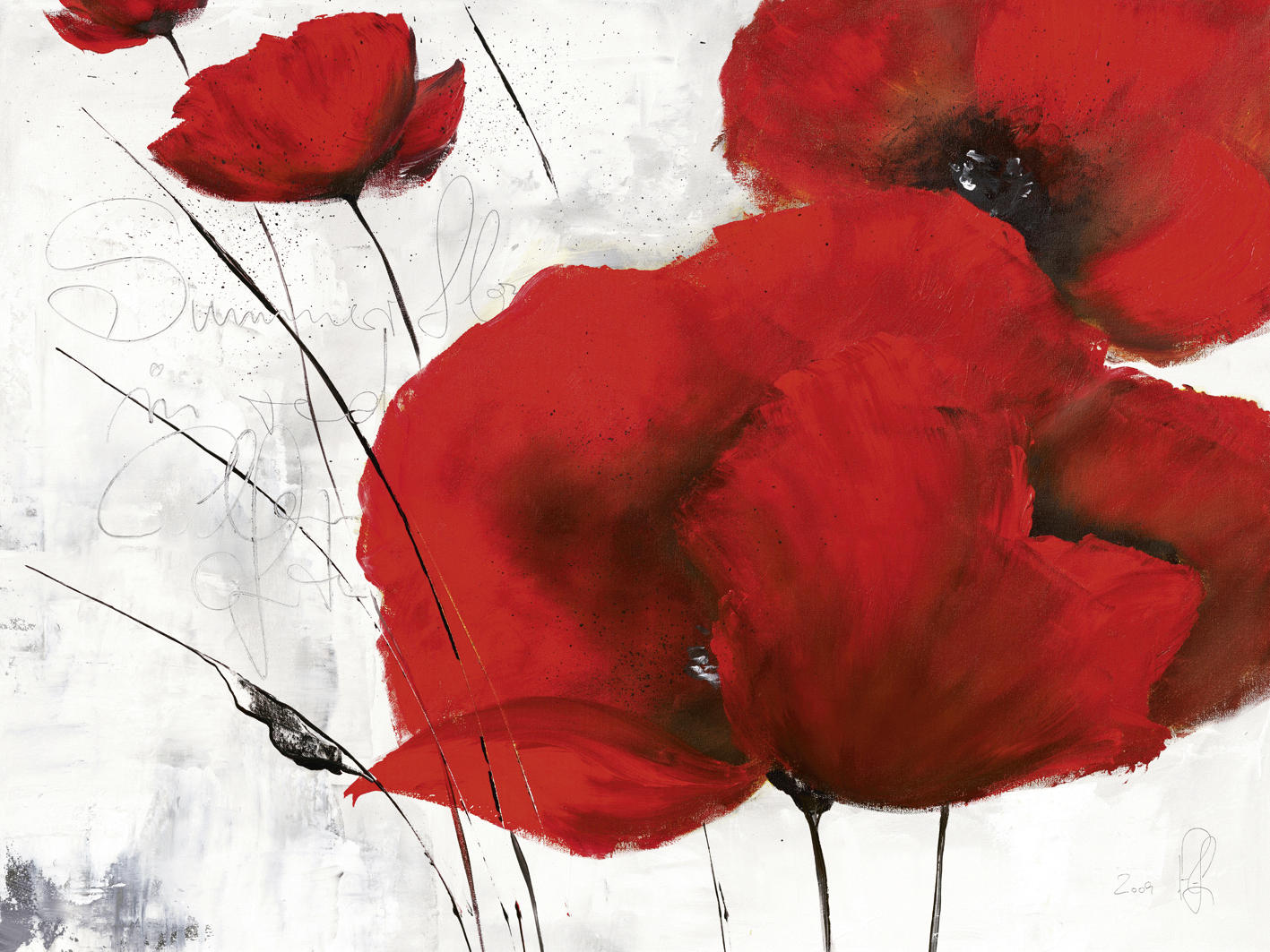 KUNSTDRUCK Isabelle Zacher-Finet Blumen Pavot d’hiver II - Rot/Grau, Basics, Papier (40/30cm) - Monee