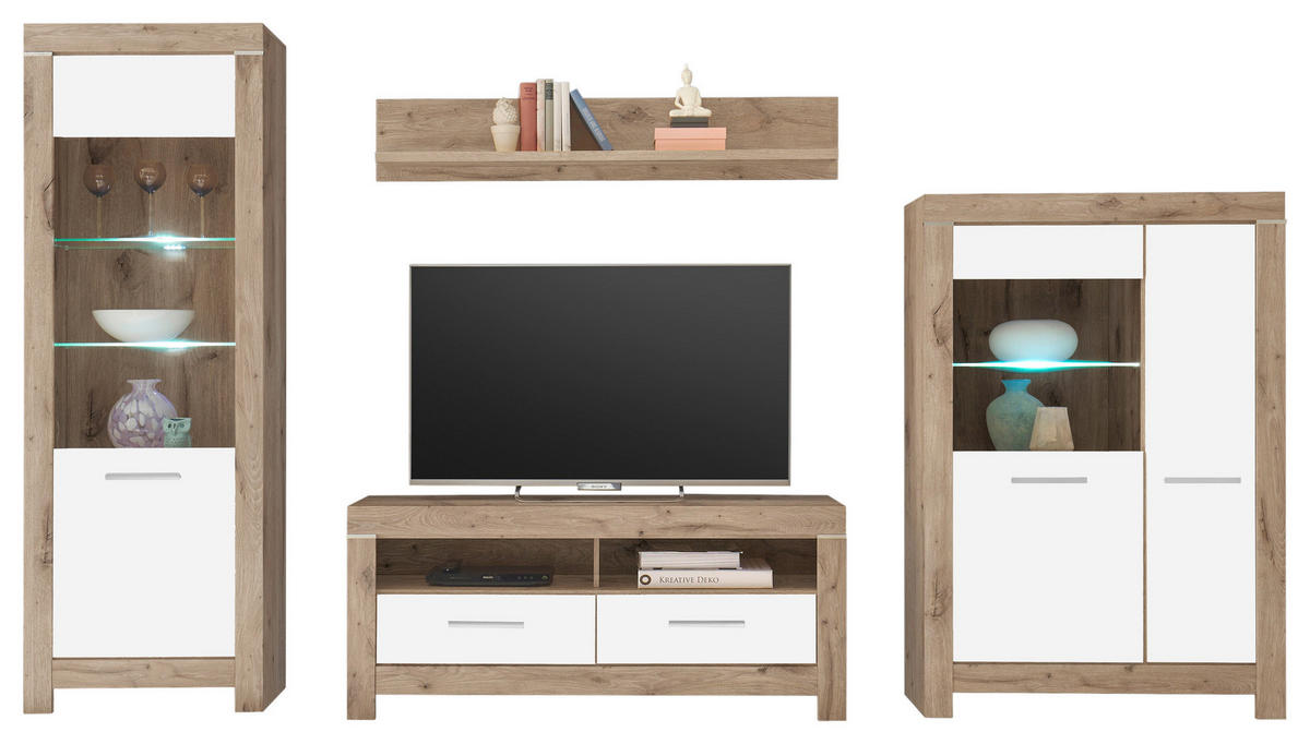 SZEKRÉNYSOR fehér, tölgyfa színű  - tölgyfa színű/ezüstszínű, Design, műanyag/faalapú anyag (325/197/45cm) - Carryhome