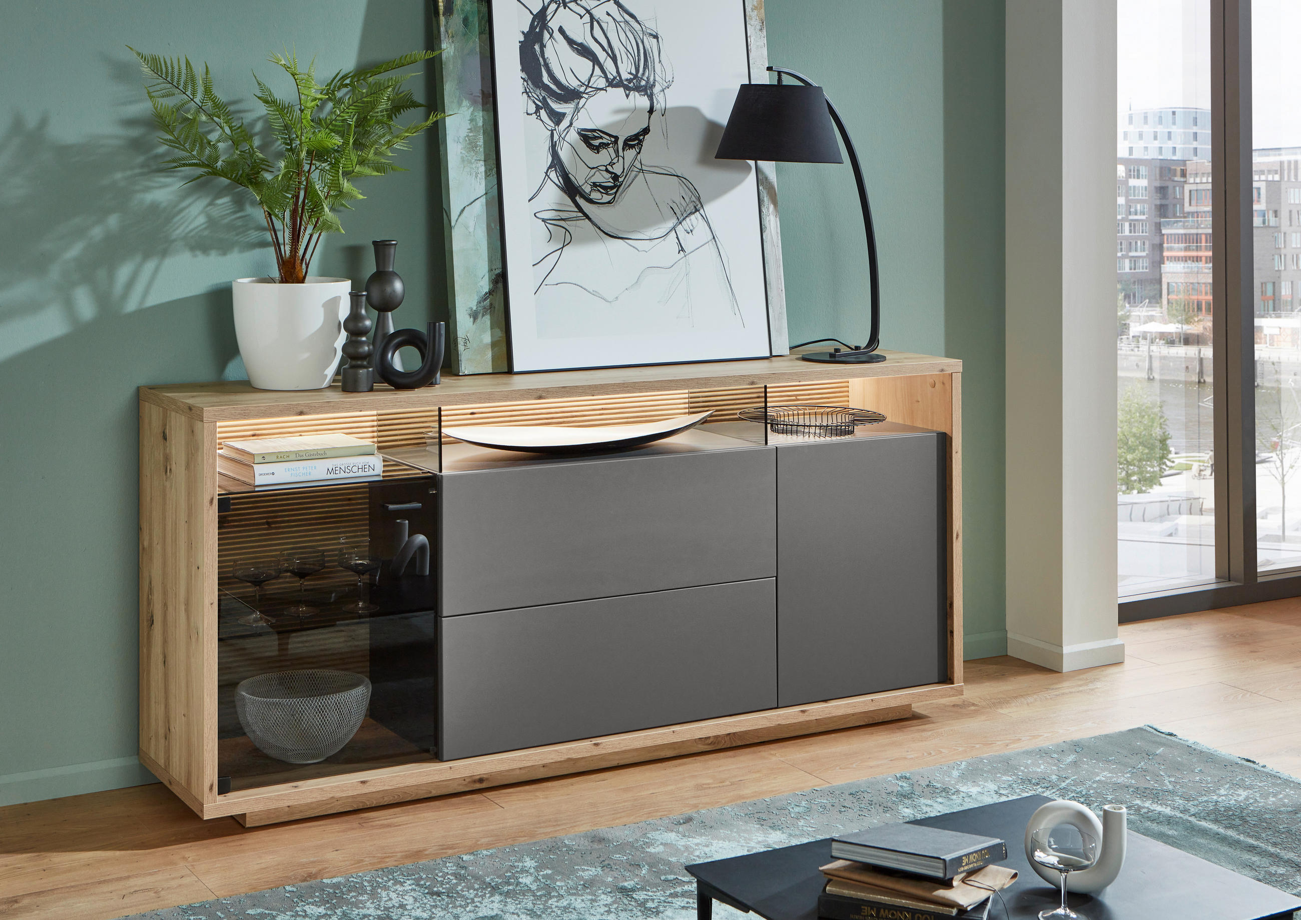 SIDEBOARD Grau, Eiche Artisan  190/83,8/42 cm  - Graphitfarben/Eiche Artisan, Design, Glas/Holzwerkstoff (190/83,8/42cm) - Stylife