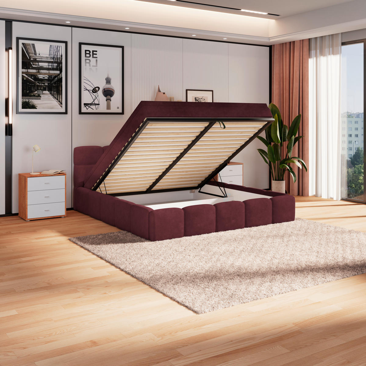 POLSTERBETT 160/200 cm,  in Bordeaux, Matratze, Bettkasten, H3 = fest  - Bordeaux/Schwarz, Trend, Kunststoff/Textil (160/200cm)