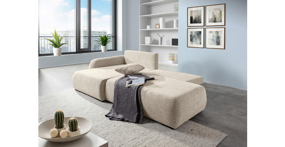 ECKSOFA Beige Flachgewebe Zierkissen, Rückenkissen, Bettkasten, Schlaffunktion, Rücken echt, Liegefläche im Originalstoff  - Beige/Schwarz, KONVENTIONELL, Kunststoff/Textil (145/260cm) - Carryhome