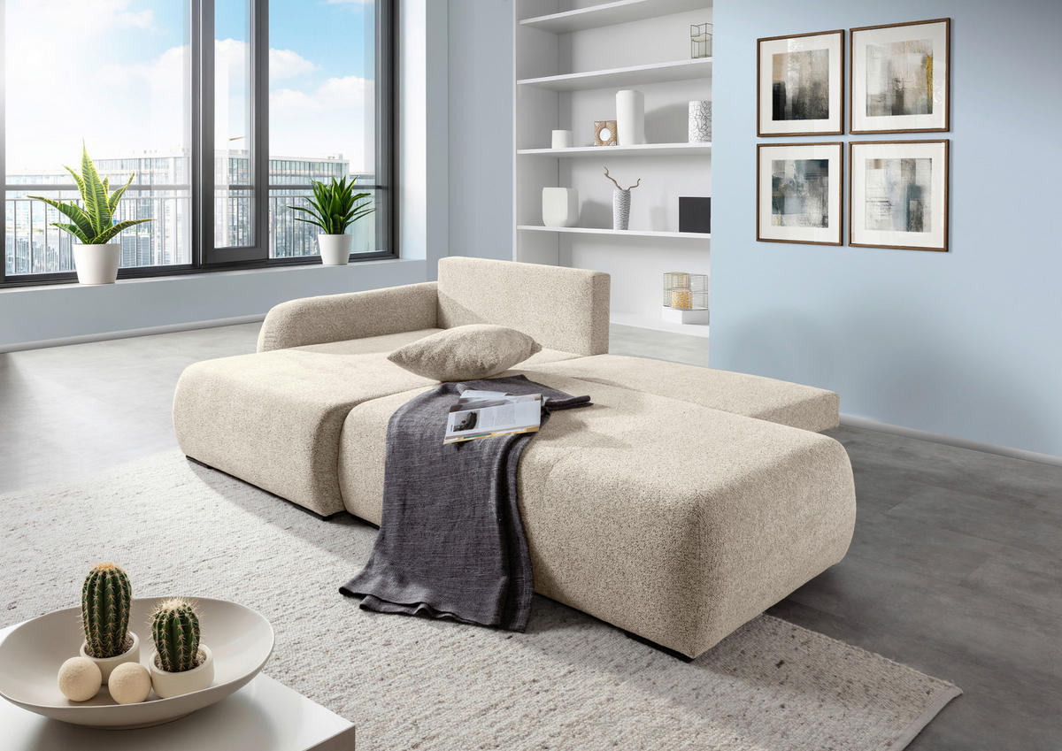 ECKSOFA Beige Flachgewebe Zierkissen, Rückenkissen, Bettkasten, Schlaffunktion, Rücken echt, Liegefläche im Originalstoff  - Beige/Schwarz, KONVENTIONELL, Kunststoff/Textil (145/260cm) - Carryhome