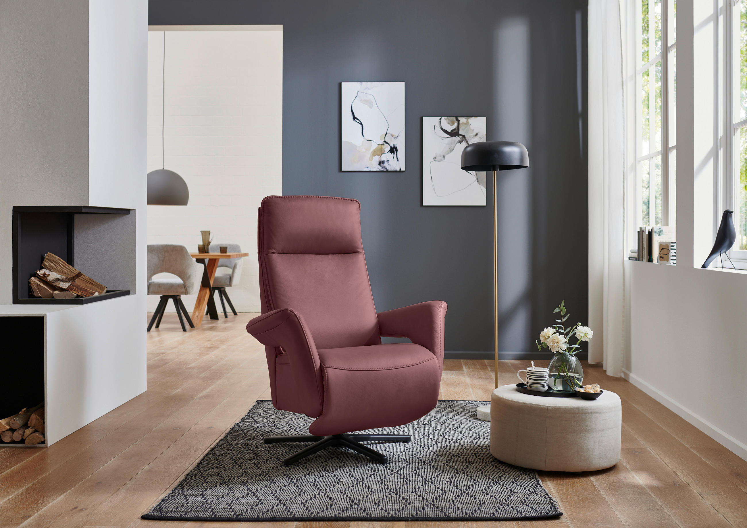 RELAXSESSEL in Leder Beere  - Beere/Schwarz, Design, Leder/Metall (83/112/87-174cm) - Valdera