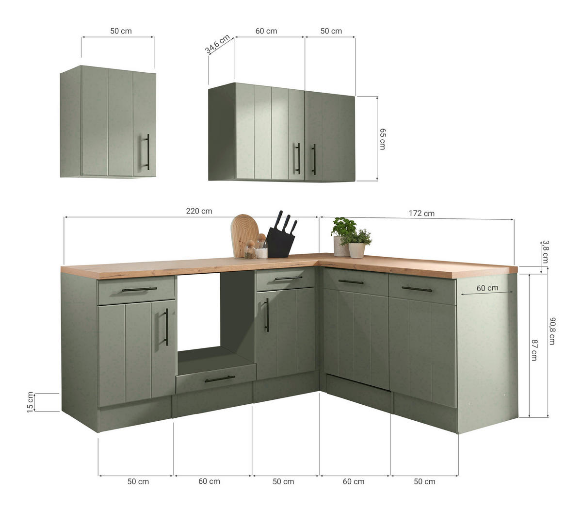MODULKÖK UTAN VITVAROR 220 cm   i vildek, vassgrön  - vassgrön/vildek, Trend, metall/trämaterial (220cm) - Respekta