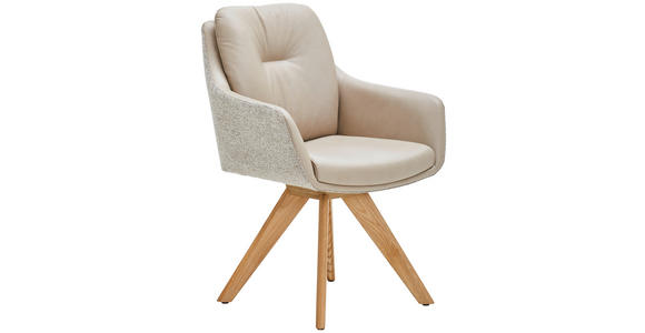 ARMLEHNSTUHL in Webstoff Kombination Echtleder/Stoff pigmentiert - Wildeiche/Beige, Design, Leder/Holz (62/90/65cm) - Waldwelt