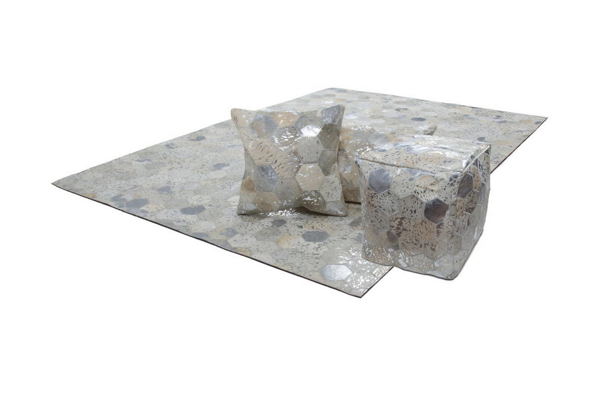 POUF in Grau, Silberfarben Leder  - Silberfarben/Grau, Design, Leder (45/45/45cm) - Kayoom