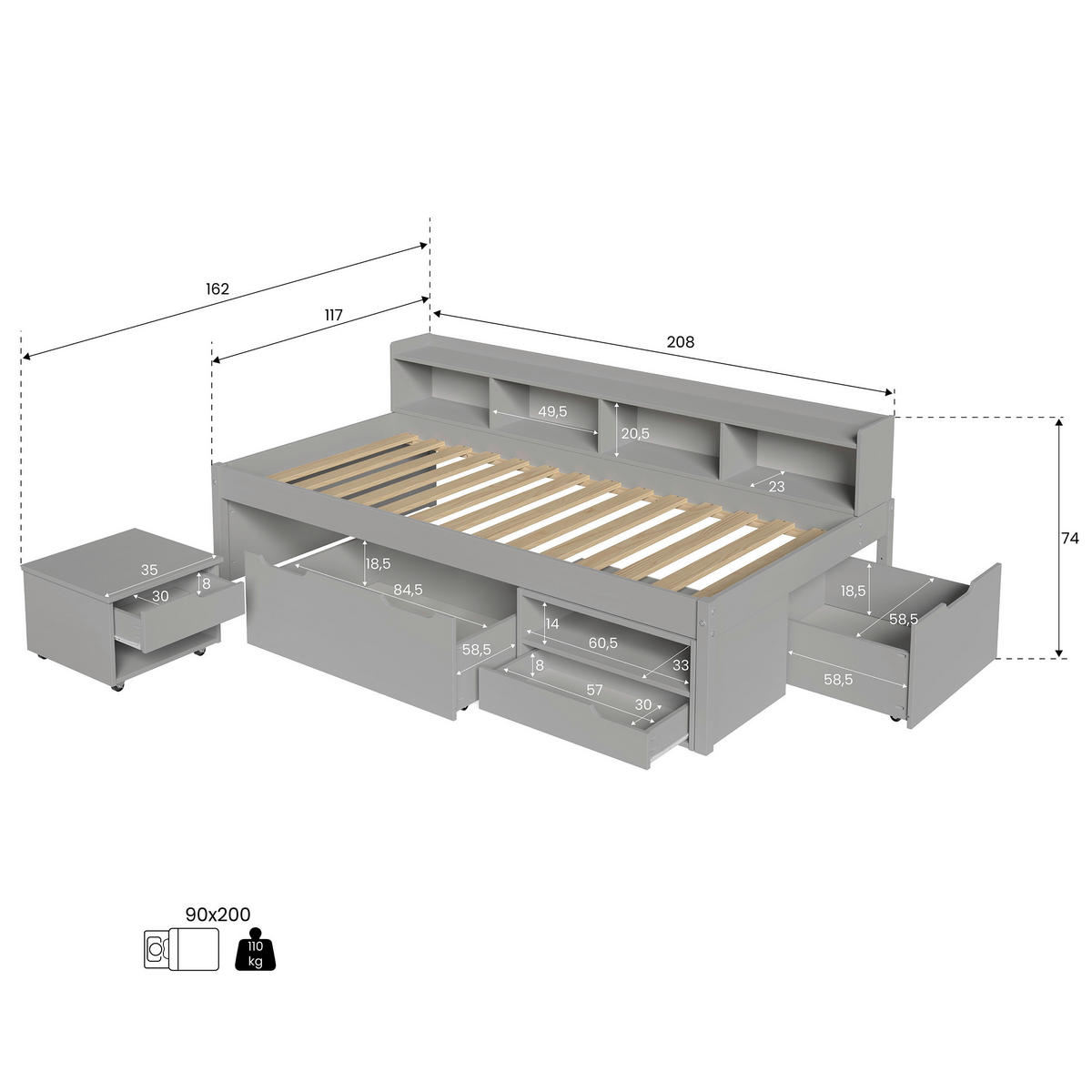 STAURAUMBETT 90/200 cm  Grau   - Naturfarben/Grau, Modern, Holz/Holzwerkstoff (90/200cm) - P & B