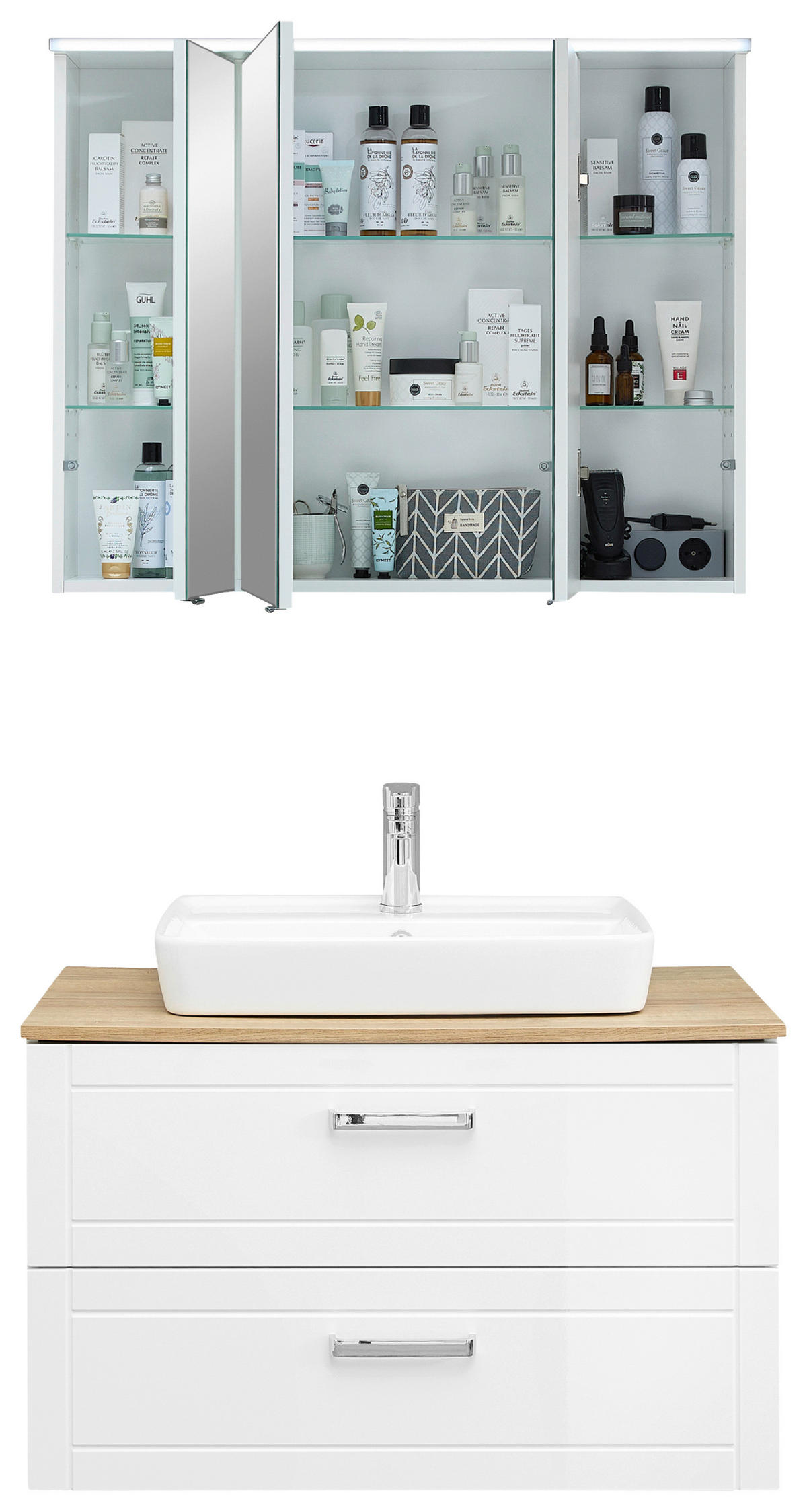 BADEZIMMER 4-teilig  in 90 cm  - Chromfarben/Eichefarben, MODERN, Glas/Keramik (90cm) - Sadena
