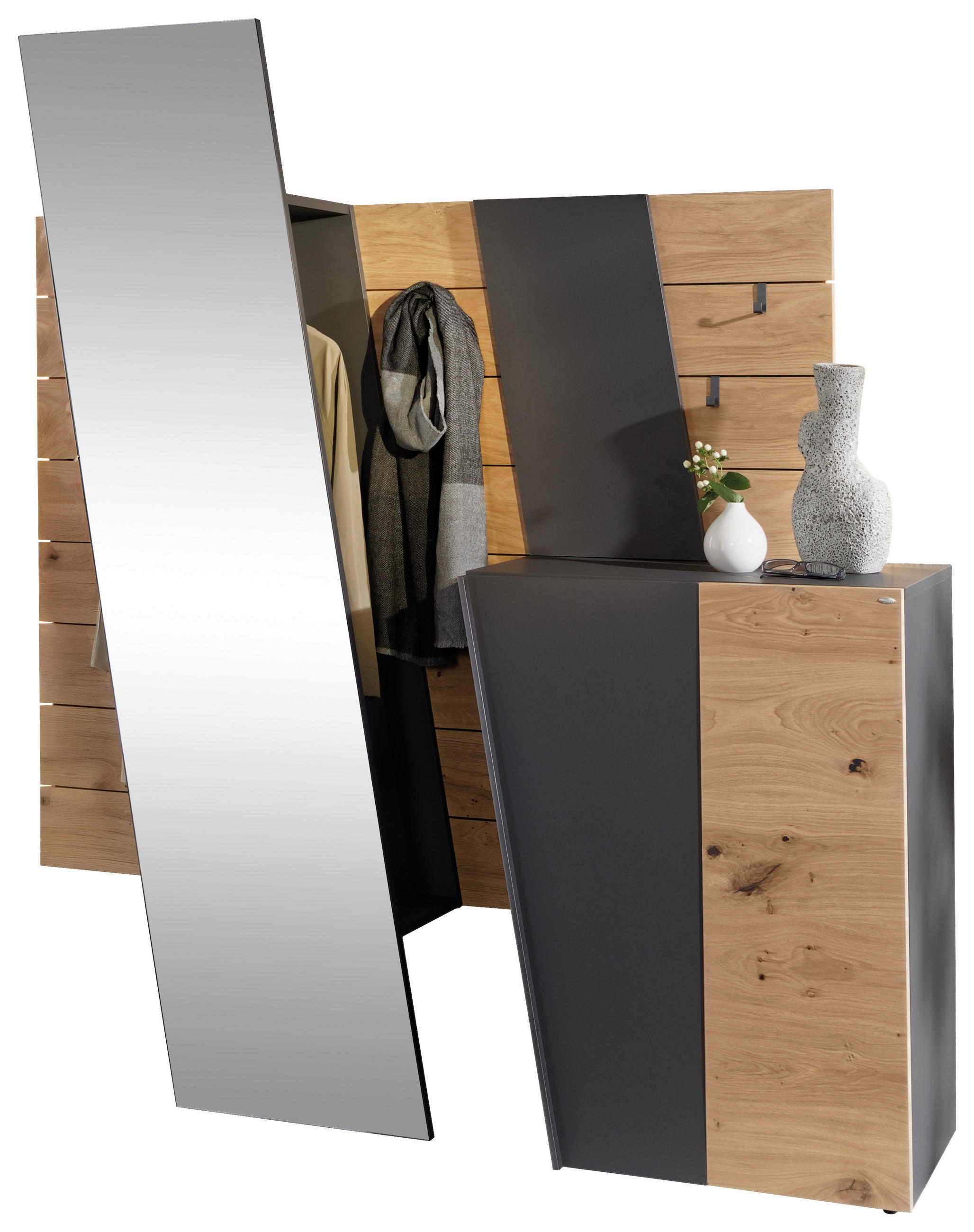 GARDEROBE 3-teilig  in 174/192,5/44,3 cm  - Wildeiche/Graphitfarben, Natur, Glas/Holz (174/192,5/44,3cm) - Voglauer