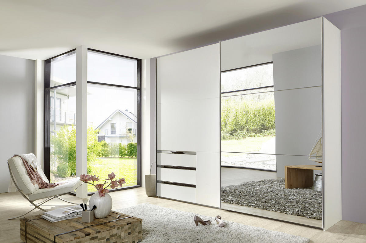 SCHWEBETÜRENSCHRANK in Weiss  - Chromfarben/Weiss, Modern, Glas/Holzwerkstoff (200/216/65cm) - MID.YOU