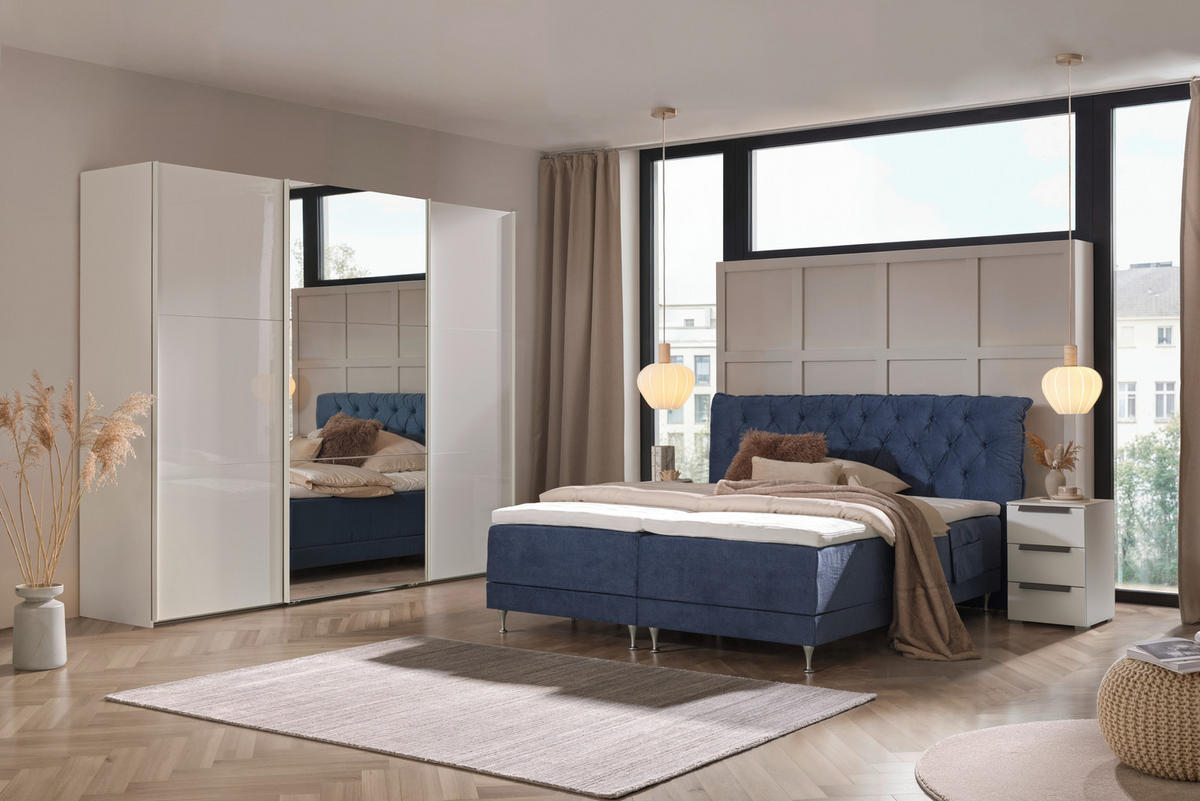 BOXSPRINGBETT 180/200 cm,  in Blau, Matratze, Lattenrost, Topper, H3 + H5 = fest + hart  - Blau/Alufarben, Basics, Textil/Metall (180/200cm) - Welnova