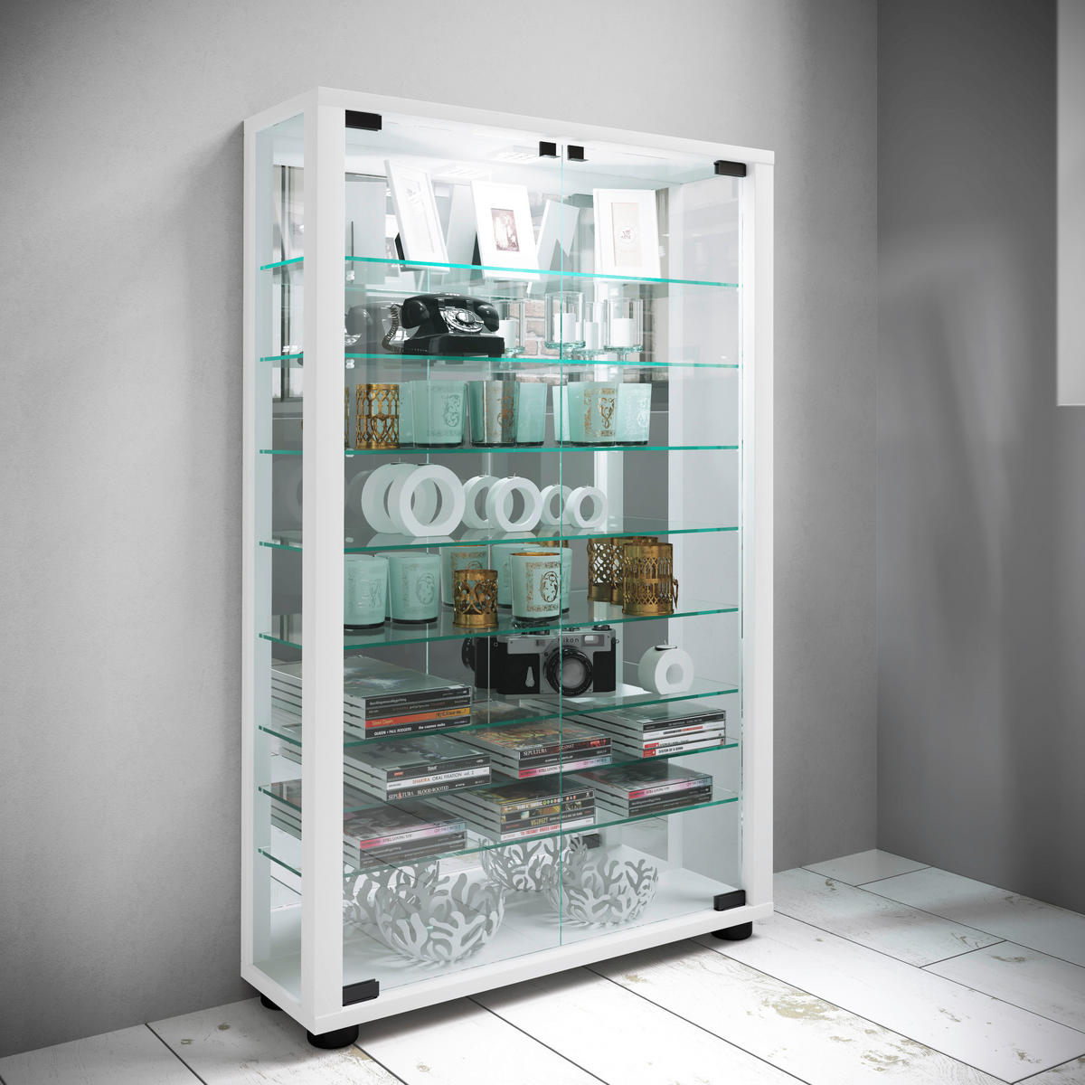 VITRINE in Weiss  - Weiss/Schwarz, Modern, Glas/Holzwerkstoff (59/91,3/18cm) - MID.YOU