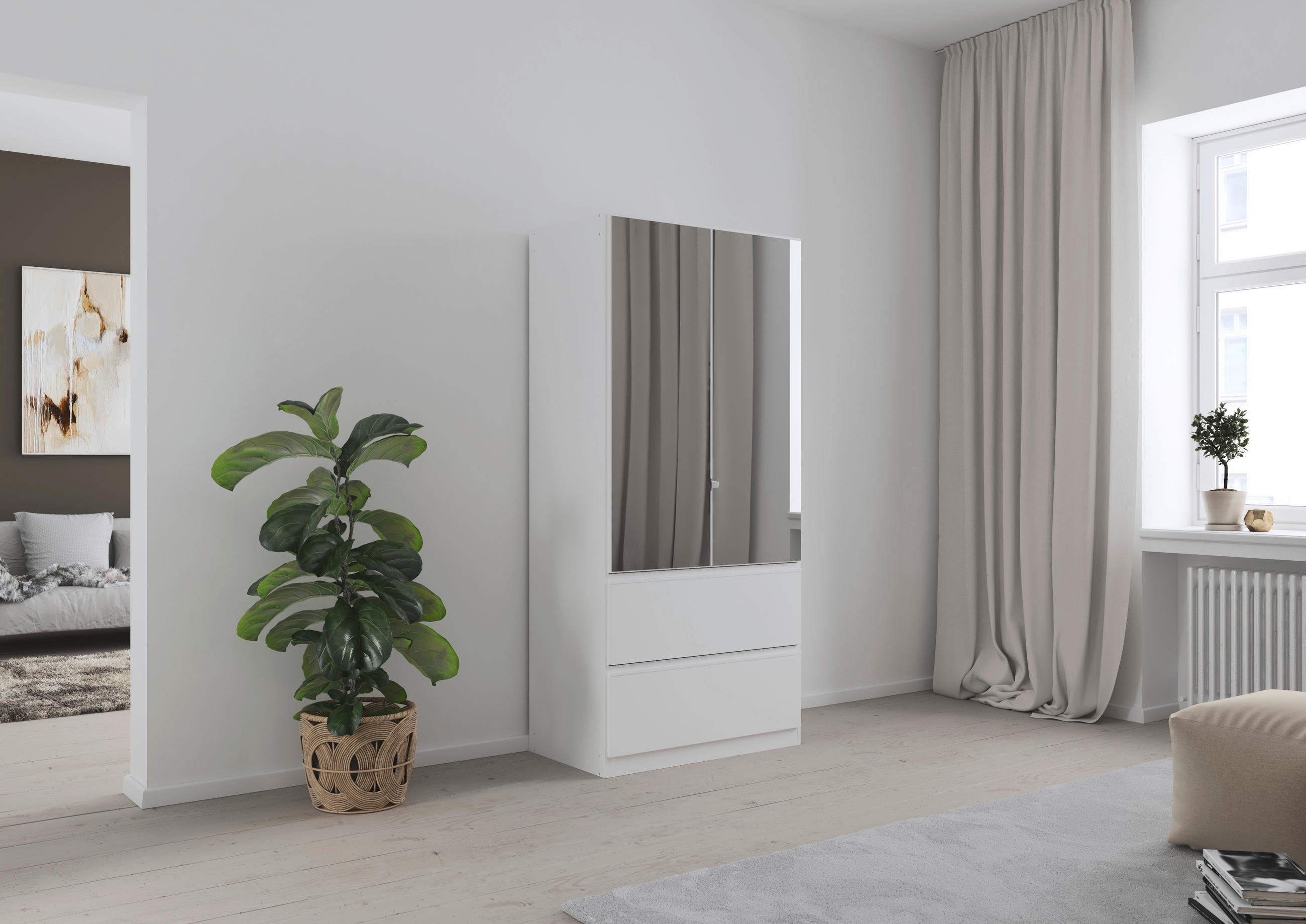 Thumbnail - Rauch Möbel Drehtürenschrank, Weiß, Holzwerkstoff, 1 Fächer, 2 Schublade(n) Schubladen, 91x197x54 cm, Blauer Engel, Gold...