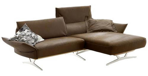 Wohnlandschaft m. Drehfunktion Braun Echtleder - Beige/Silberfarben, Natur, Leder/Holz (254/158-193cm) - Ambiente