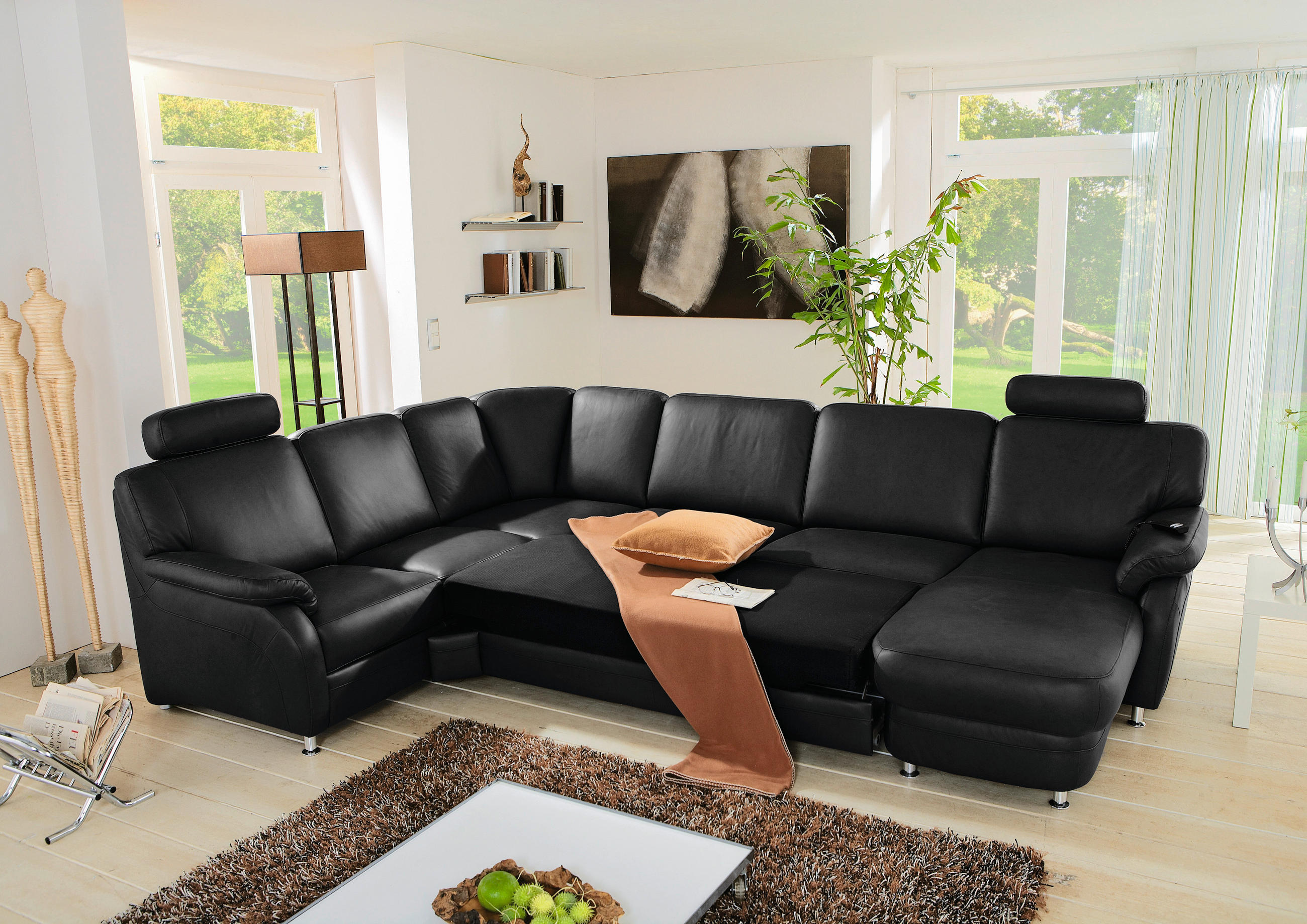 WOHNLANDSCHAFT in Echtleder Schwarz  - Alufarben/Schwarz, Konventionell, Leder/Metall (239/329/165cm) - Beldomo Premium
