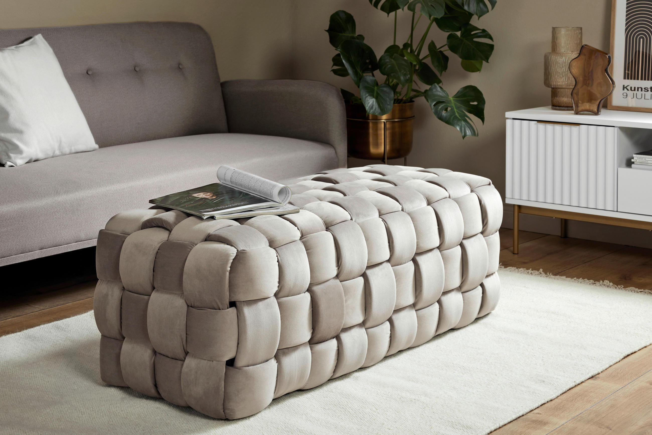 HOCKERBANK 118/43/50 cm Samt Taupe Eukalyptusholz  - Taupe, MODERN, Holz/Textil (118/43/50cm)