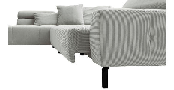 ECKSOFA Hellgrau Feincord Rücken echt, Kopfteilverstellung, Sitzvorzug  - Hellgrau/Schwarz, KONVENTIONELL, Textil/Metall (219/311cm) - Hom`in
