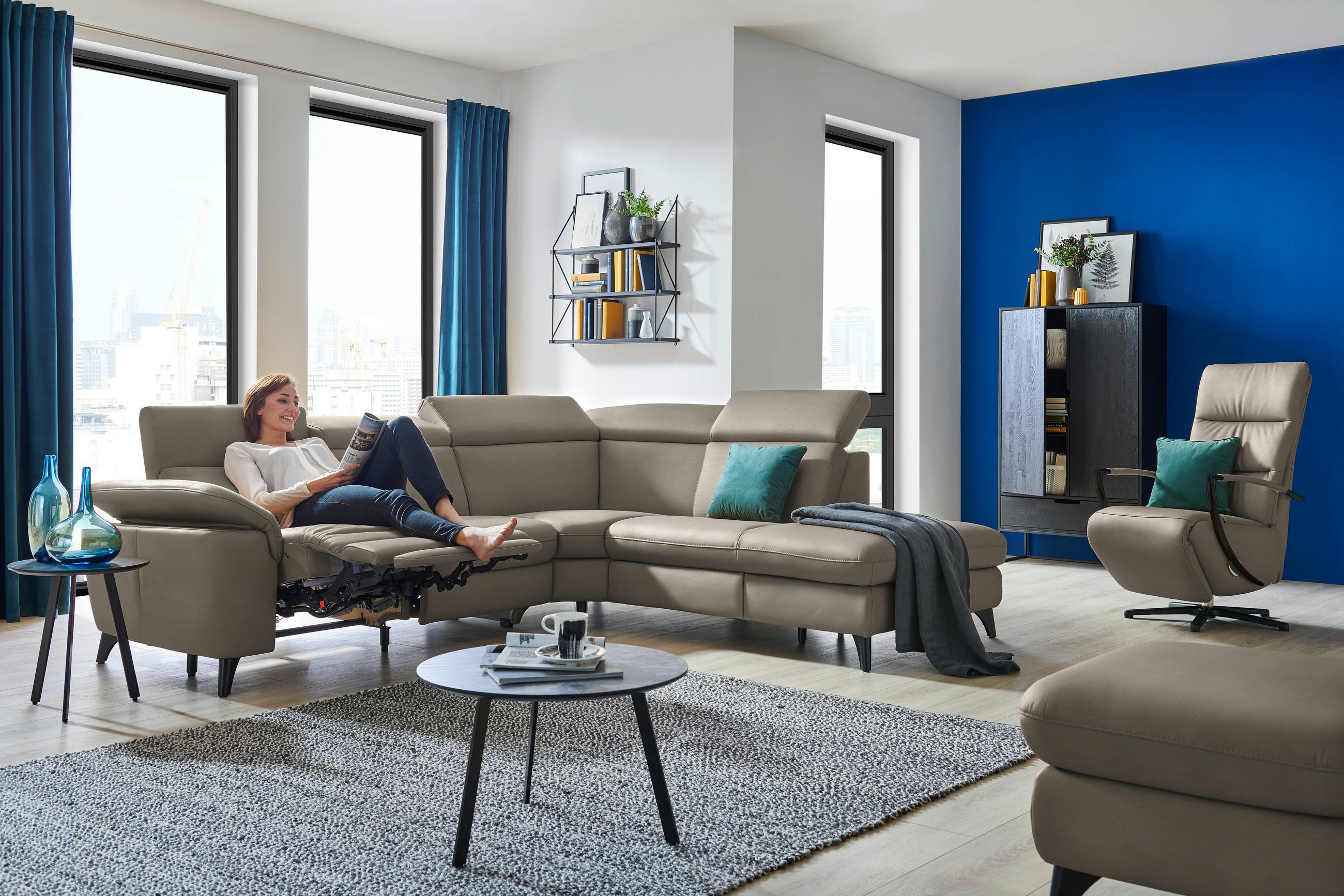 ECKSOFA in Echtleder Graubraun  - Graubraun/Schwarz, Design, Leder/Metall (285/239cm) - Cantus