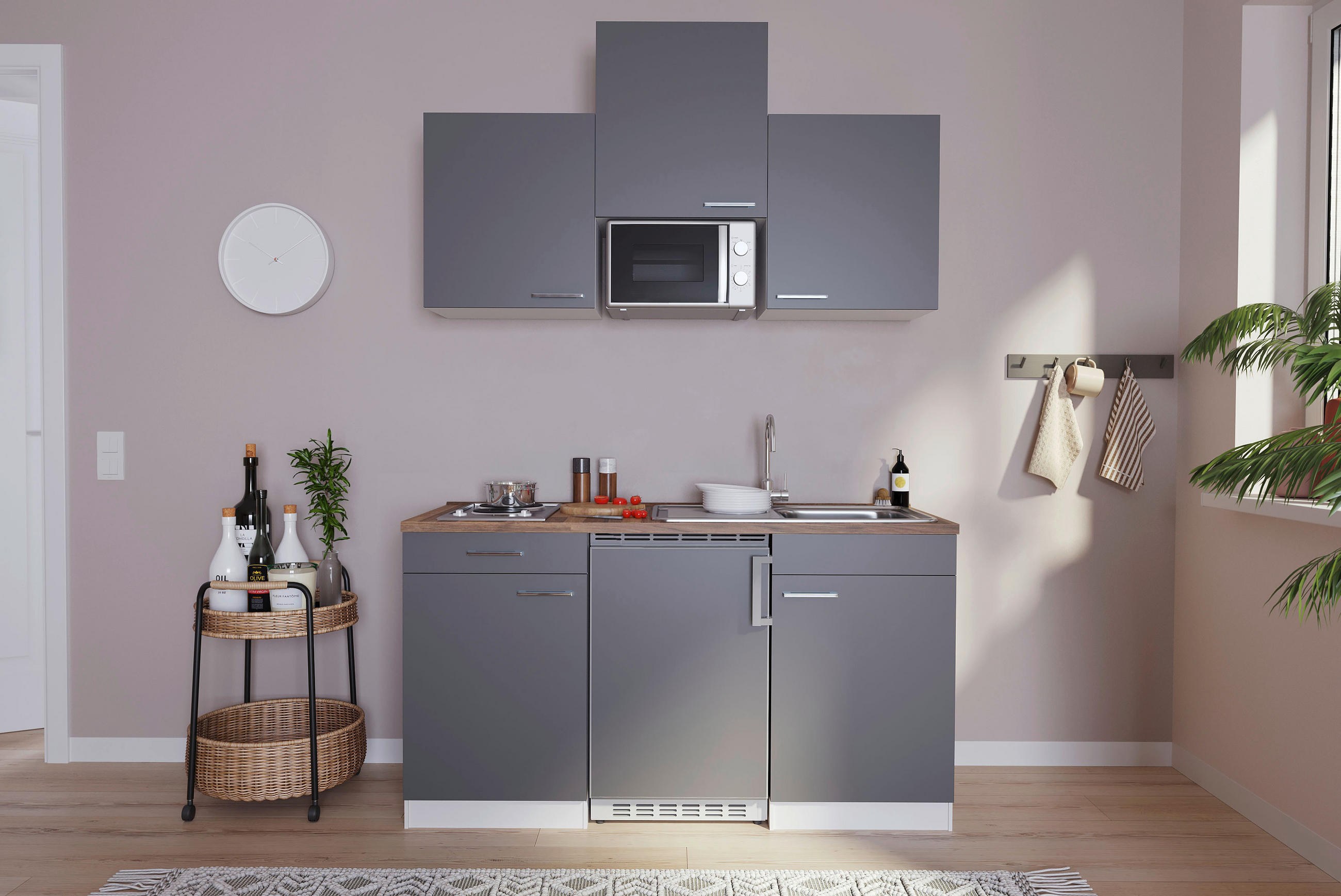 Miniküche Economy mit Geräten 150 cm Grau/ Nussbaum Dekor