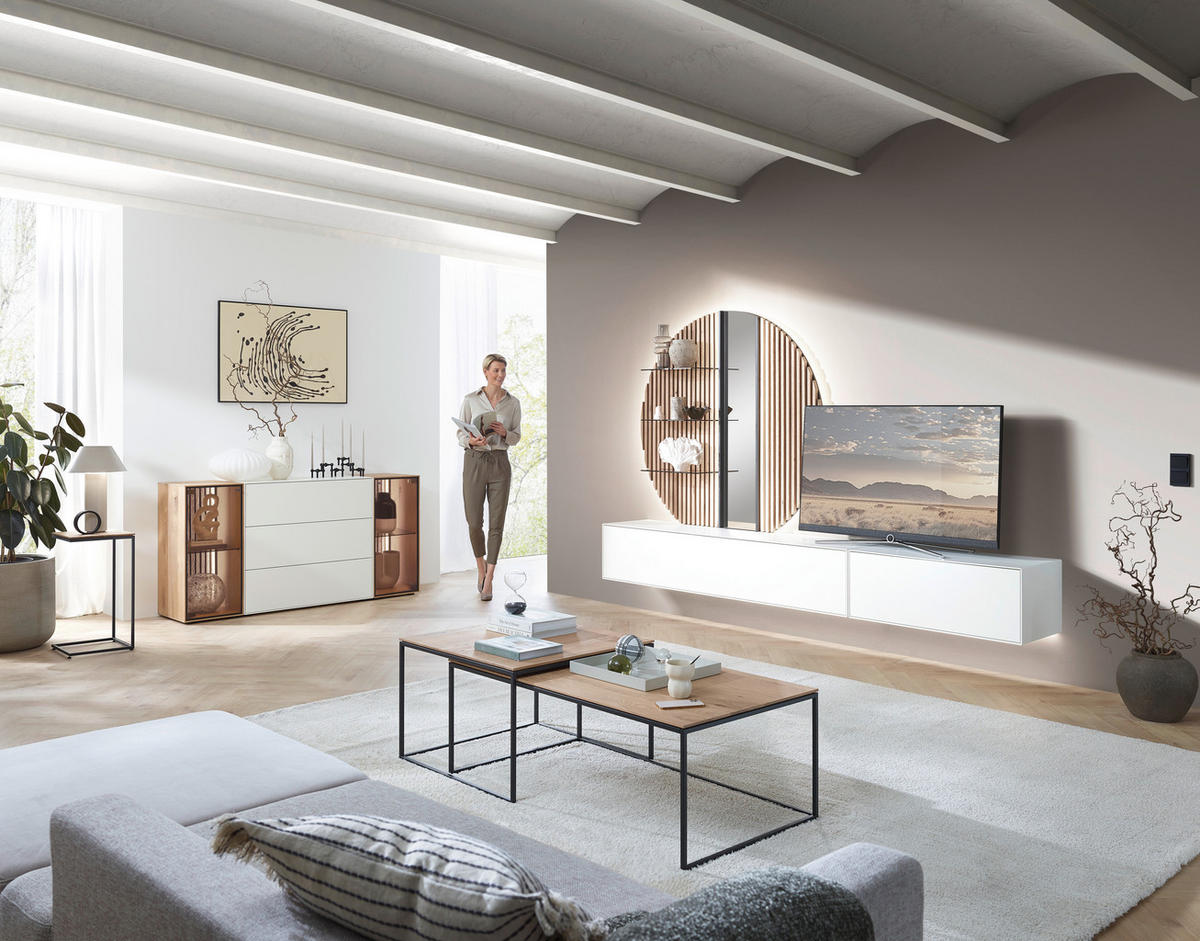 WOHNWAND  in Weiß, Eichefarben  288/206/44 cm  - Eichefarben/Weiß, Design, Glas/Holz (288/206/44cm) - Johann Jakob