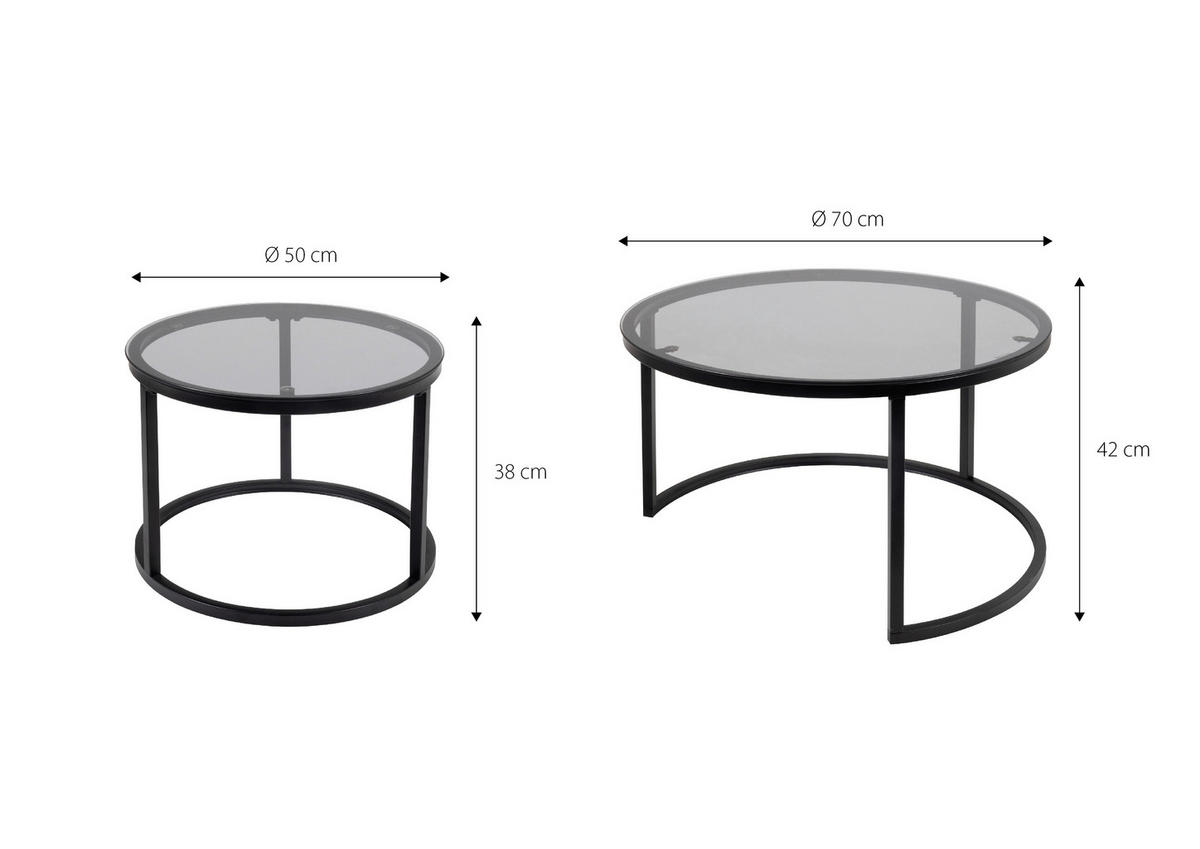 COUCHTISCHSET rund Multicolor, Schwarz, Transparent  - Transparent/Multicolor, Design, Glas/Metall (50-70/50-70/38-42cm) - MID.YOU