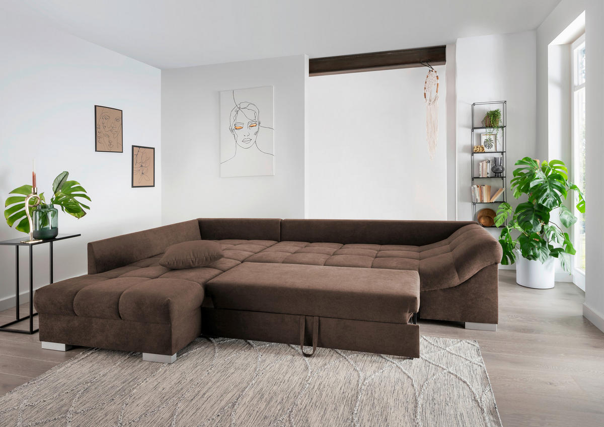 ECKSCHLAFSOFA in Mikrofaser Braun  - Silberfarben/Braun, Design, Holz/Textil (202/298cm) - MID.YOU