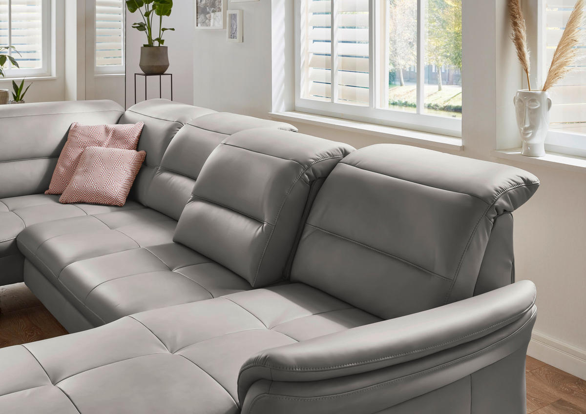 WOHNLANDSCHAFT  in Echtleder Hellgrau  - Hellgrau/Schwarz, Design, Leder/Metall (206/336/181cm) - Beldomo Speed