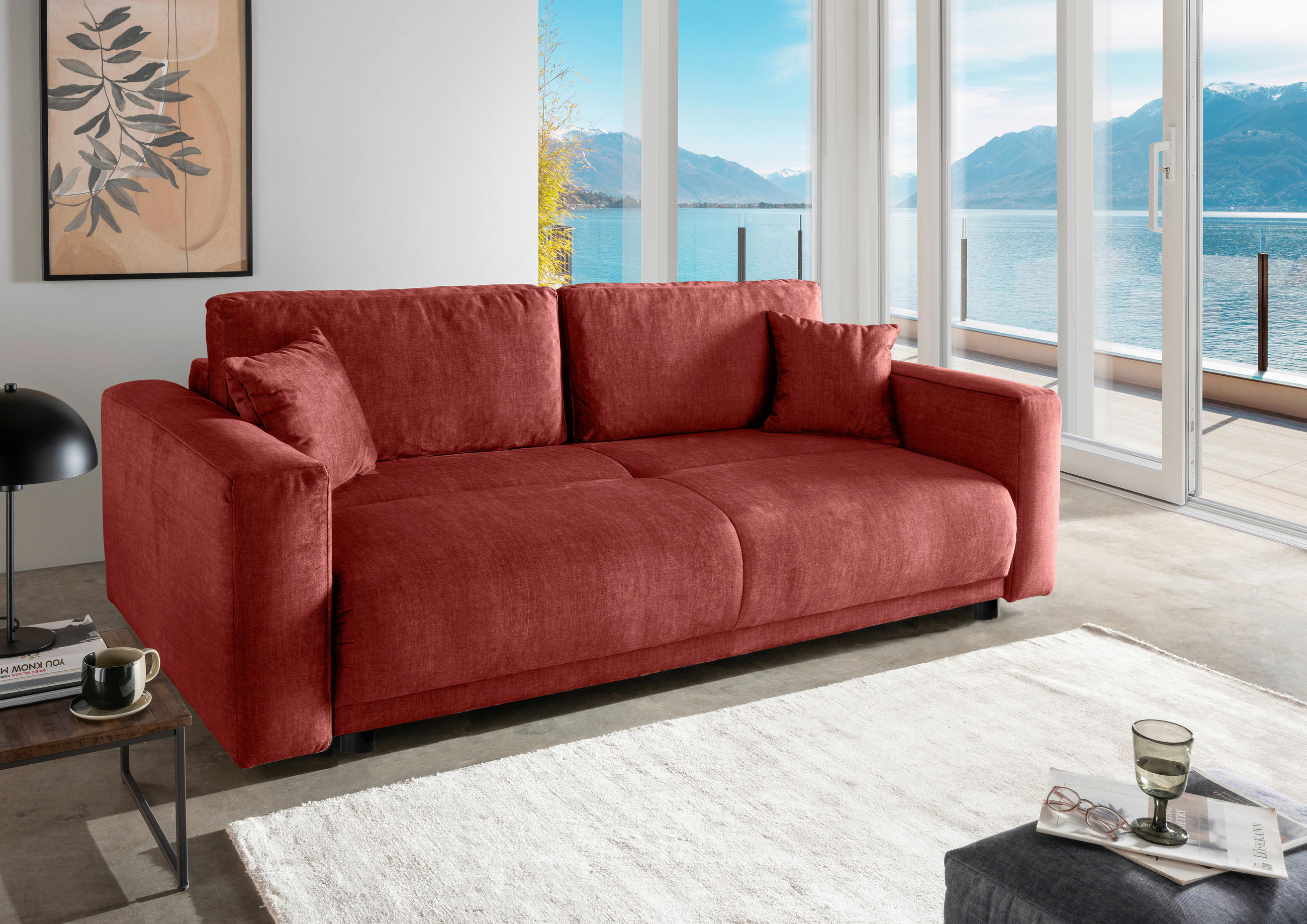 SCHLAFSOFA  mit Liegefunktion, Rücken echt Velours Koralle  - Koralle/Schwarz, MODERN, Kunststoff/Textil (245/86/126cm) - Livetastic