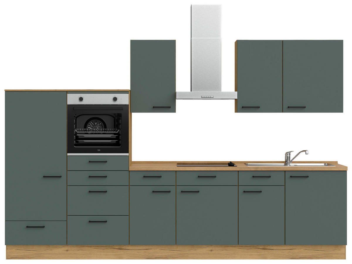 KÜCHENBLOCK Easytouch 330 cm  in Eichefarben, Dunkelgrün  - Dunkelgrün/Eichefarben, MODERN, Holzwerkstoff/Metall (330cm) - Nobilia