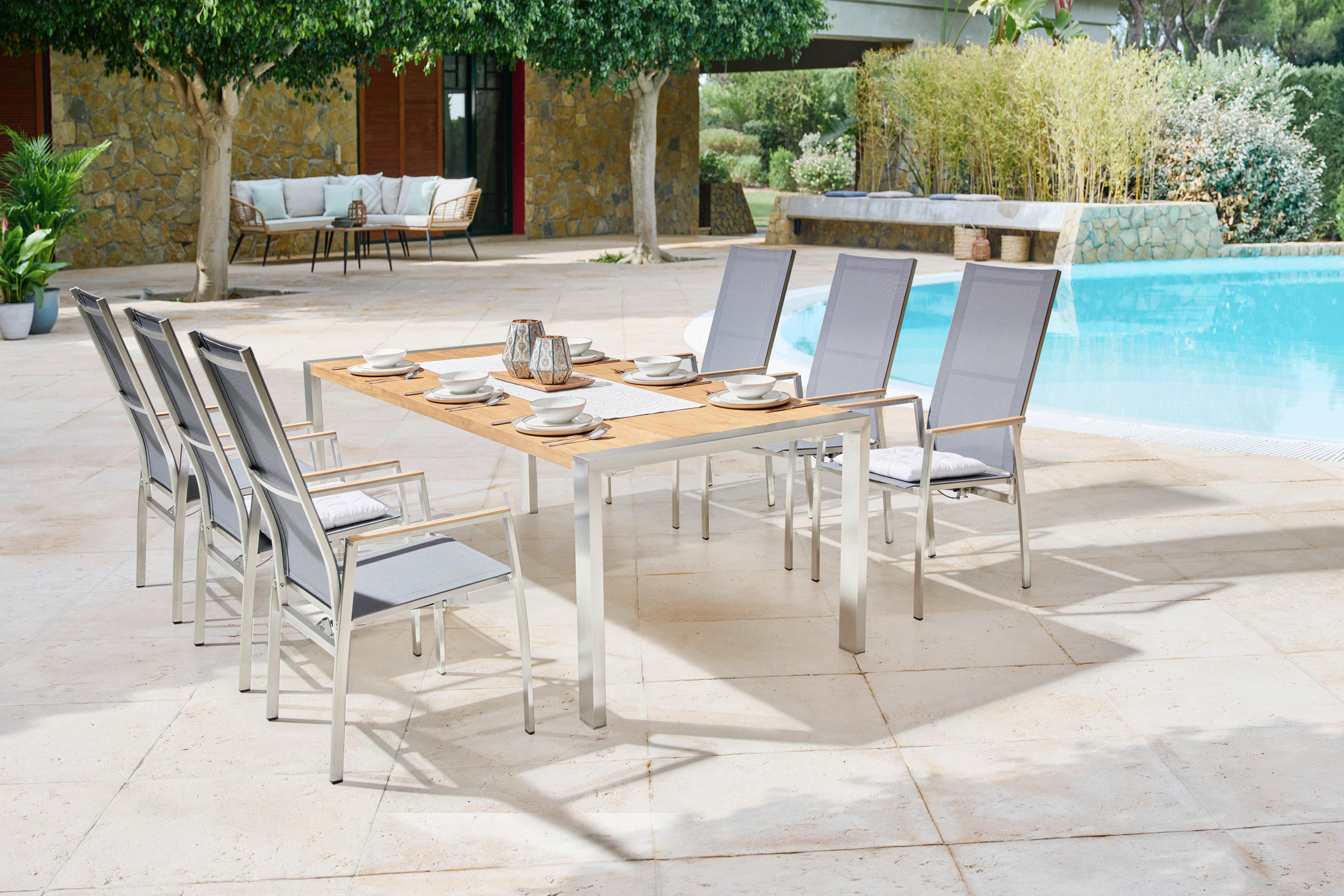 STAPELSESSEL verstellbar Teakholz Edelstahl Grau, Naturfarben, Edelstahlfarben  - Edelstahlfarben/Naturfarben, Design, Holz/Textil (56/112/63cm) - Amatio