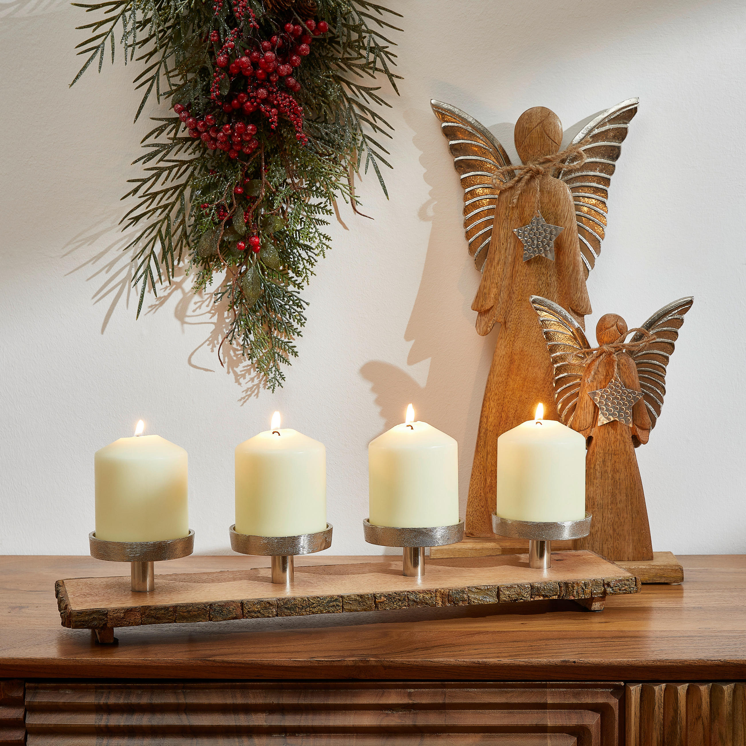 KERZENHALTER - Silberfarben/Naturfarben, Basics, Holz/Metall (48/12/8cm) - X-Mas