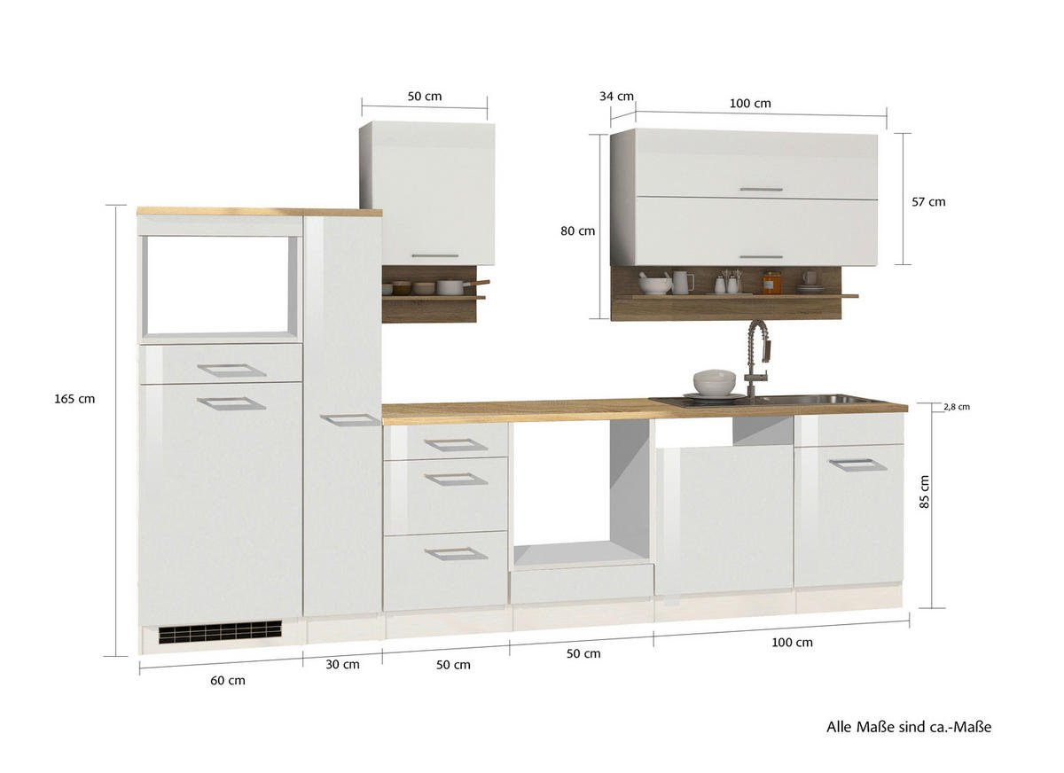 KÜCHENLEERBLOCK 310 cm   in Weiß Hochglanz  - Weiß Hochglanz/Silberfarben, MODERN, Glas/Holzwerkstoff (310cm) - Held