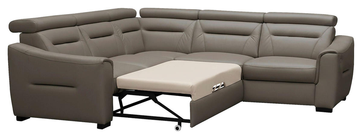 ECKSOFA Schlammfarben Echtleder Lederlook Schlaffunktion, Rücken echt, Relaxfunktion, Kopfteilverstellung  - Wengefarben/Schlammfarben, Design, Leder/Holz (260/260cm) - Celina Home