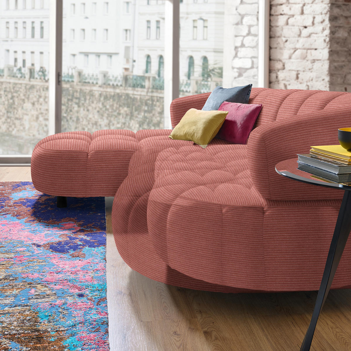 ECKSOFA in Cord, Velours Koralle  - Koralle/Schwarz, Design, Holz/Textil (183/284cm) - Welnova