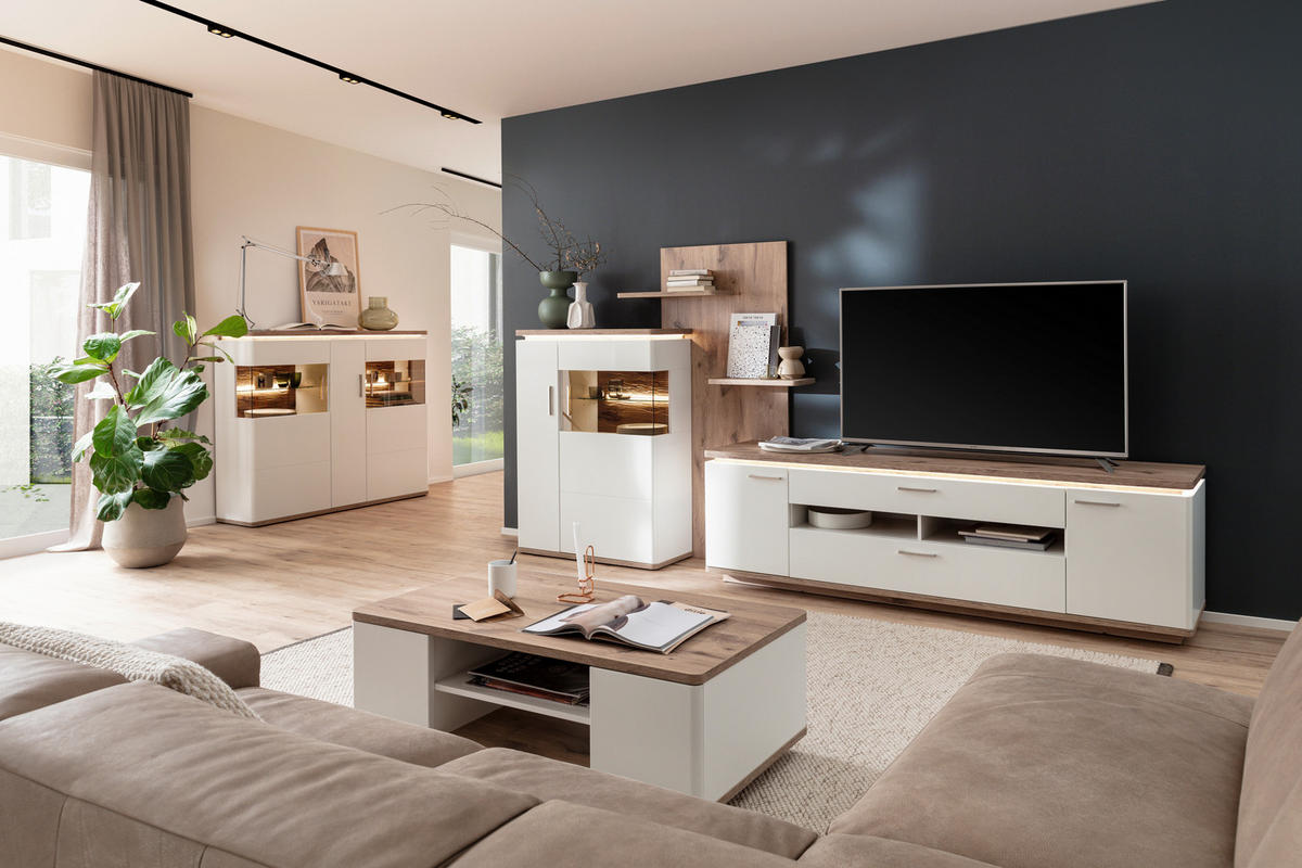 WOHNWAND 3-teilig  in Weiss, Eichefarben 305/168/50 cm  - Weiss/Eichefarben, Design, Glas/Holzwerkstoff (305/168/50cm) - Livetastic