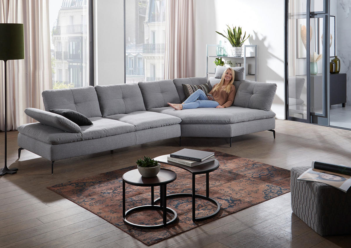 ECKSOFA in Flachgewebe Hellgrau  - Hellgrau/Schwarz, Design, Textil/Metall (344/159cm) - Chilliano