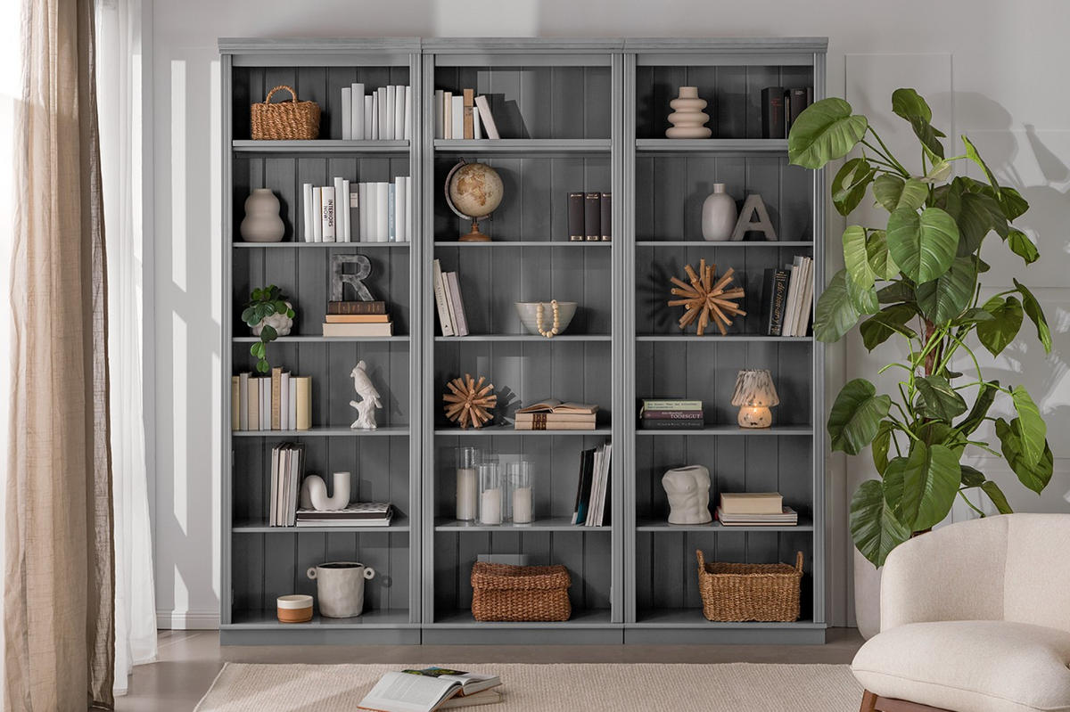 BÜCHERWAND Kiefer massiv Grau  - Grau, Design, Holz (222/223/37cm) - Livetastic