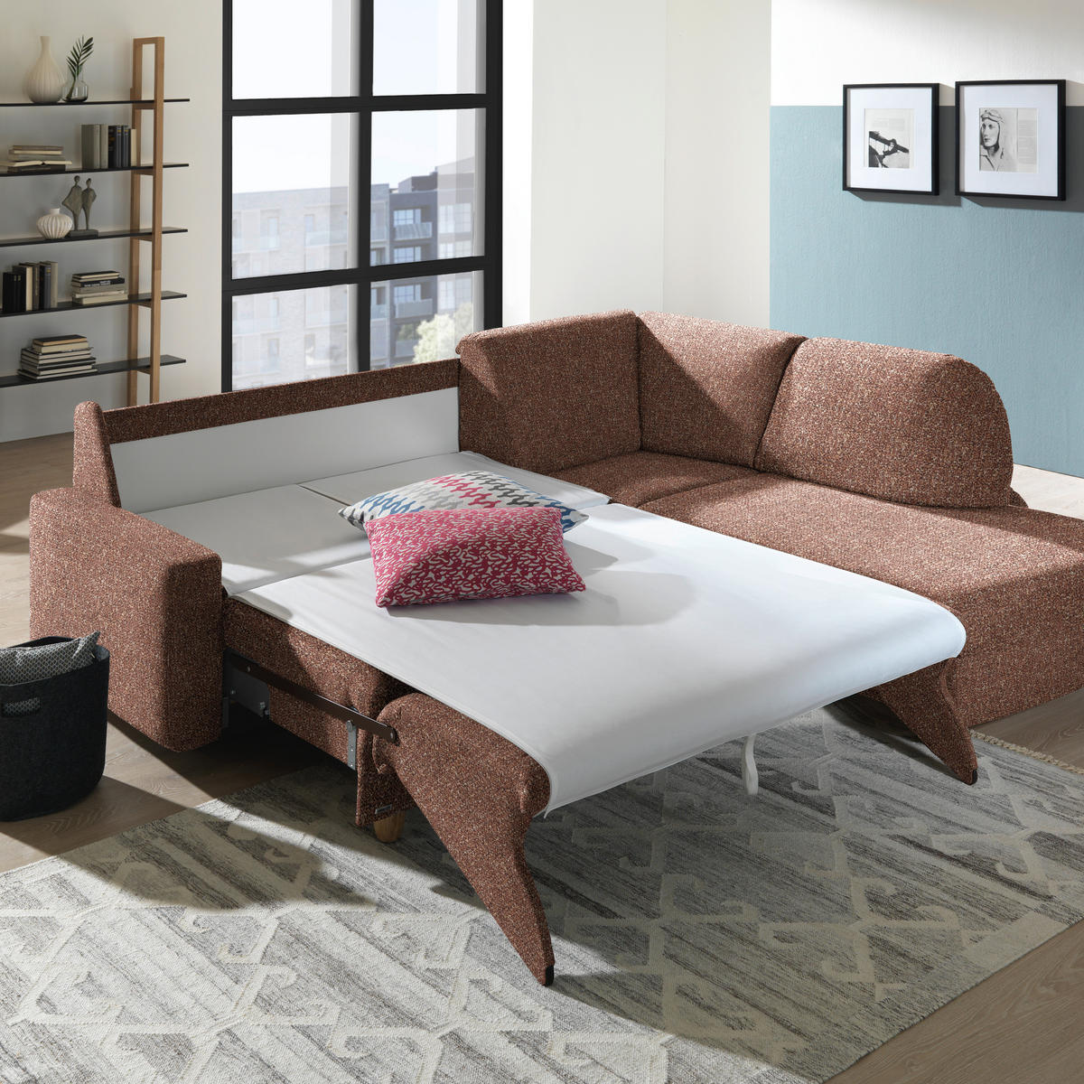 ECKSOFA  in Mikrovelours Terracotta  227/208 cm  - Eichefarben/Rot, KONVENTIONELL, Holz/Textil (227/208cm) - Sedda