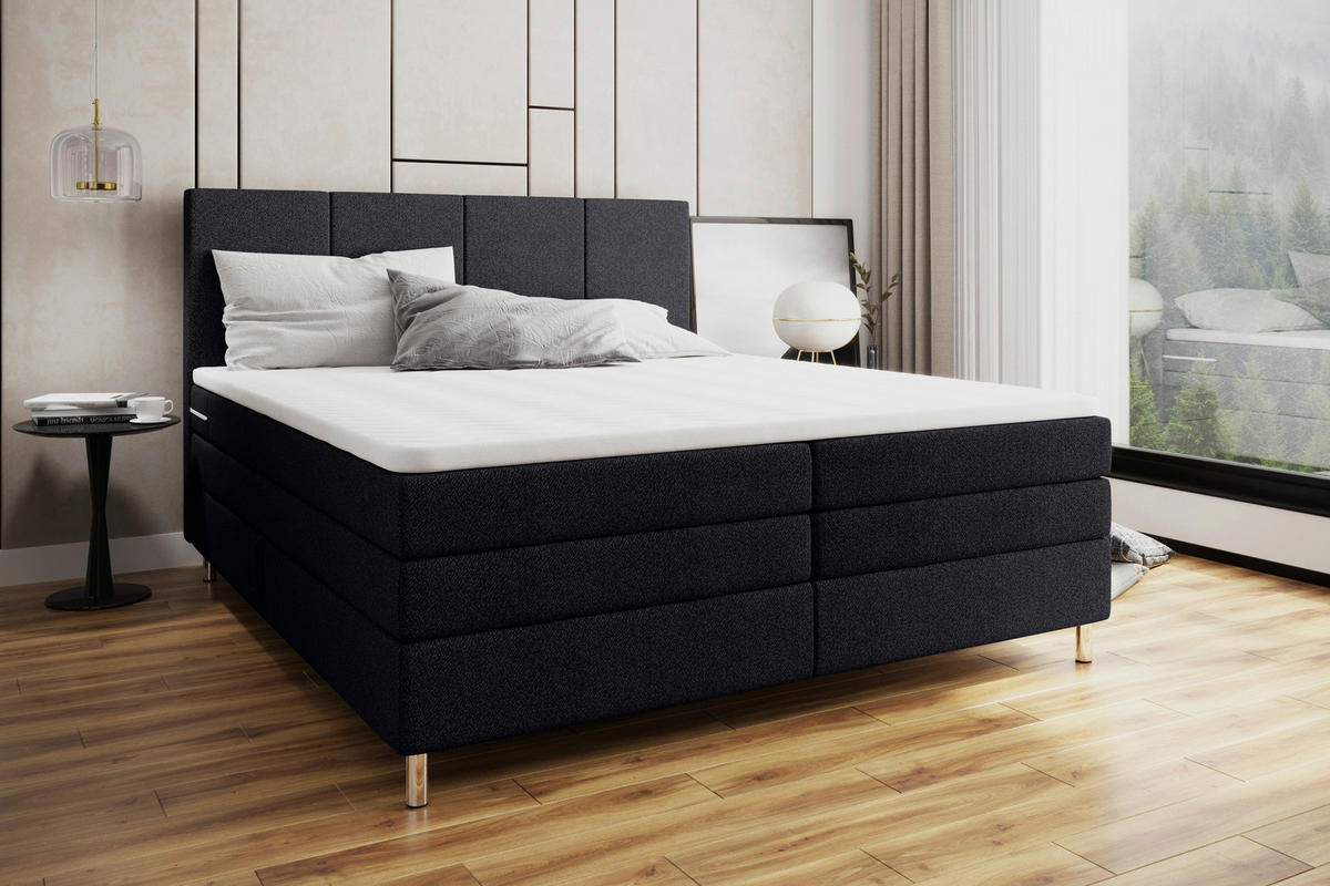 BOXSPRINGBETT 160/200 cm,  in Schwarz, Bettkasten, Topper, Matratzen, H3 = fest  - Chromfarben/Schwarz, KONVENTIONELL, Kunststoff/Textil (160/200cm) - Boxxx