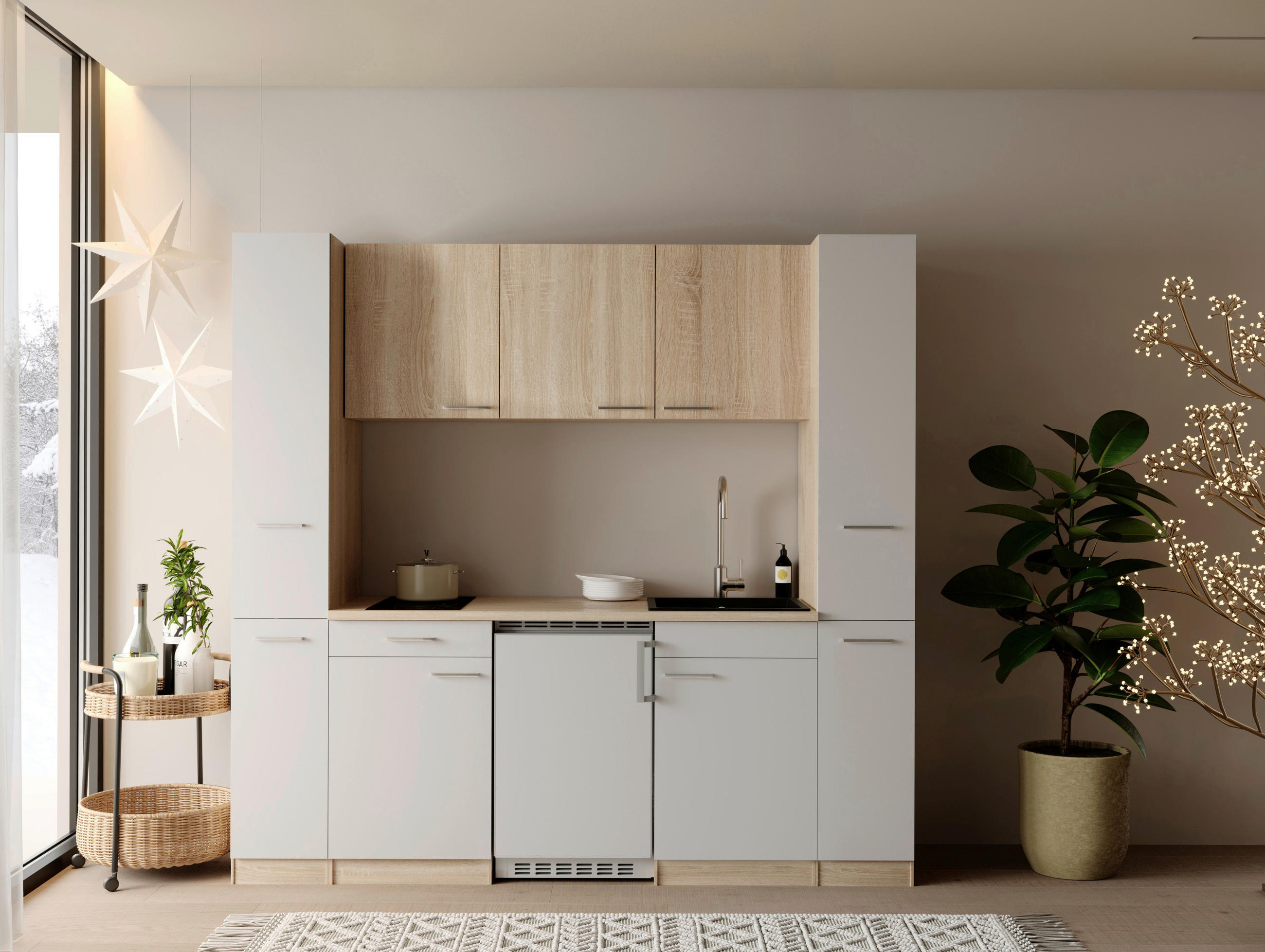 KÜCHENBLOCK Ingrid 210 cm  in Weiß  - Eichefarben/Alufarben, Design, Holzwerkstoff/Kunststoff (210cm) - Respekta