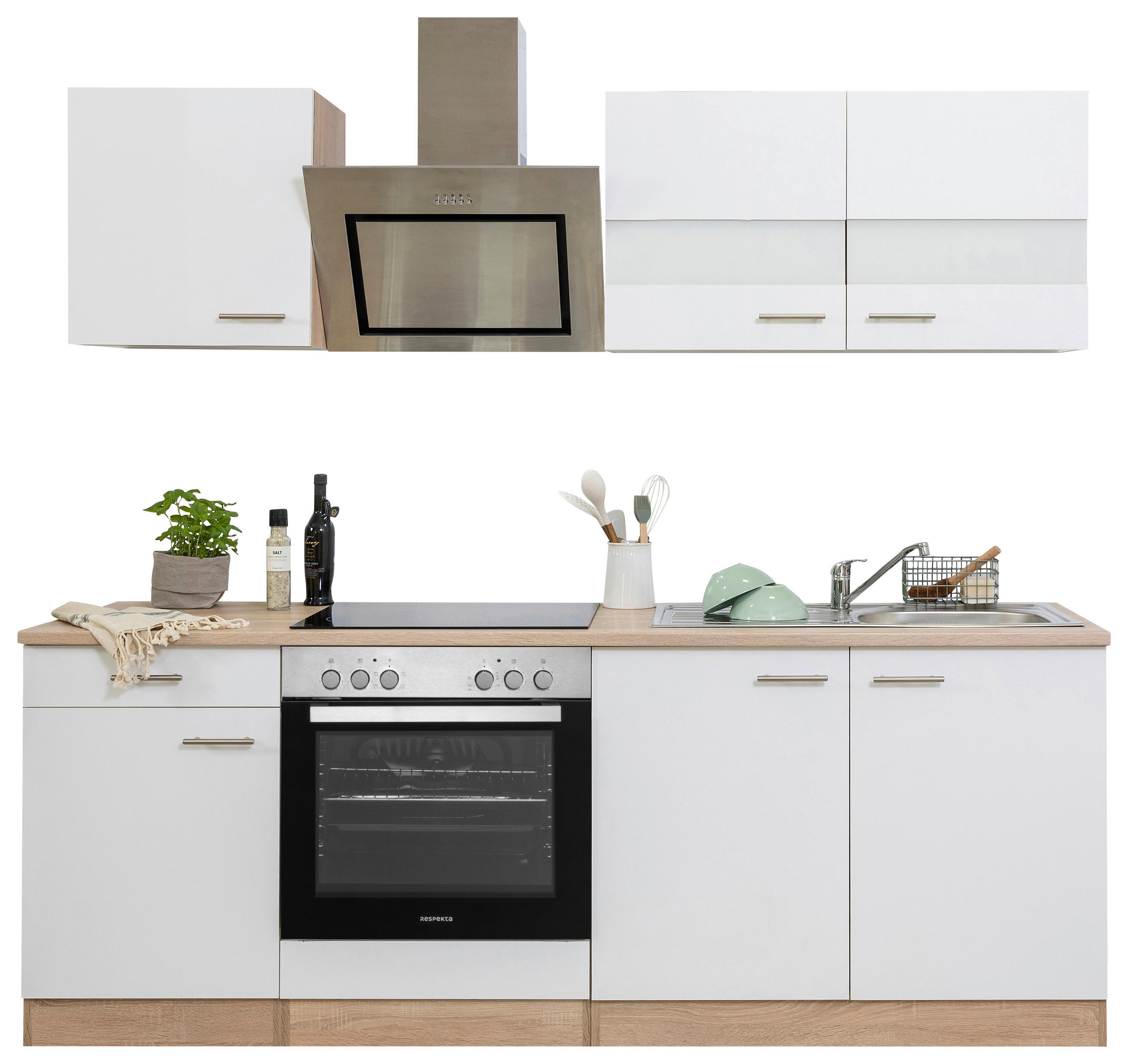KÜCHENBLOCK 210 cm   in Weiß  - Edelstahlfarben/Eichefarben, Basics, Holzwerkstoff/Metall (210cm) - Respekta