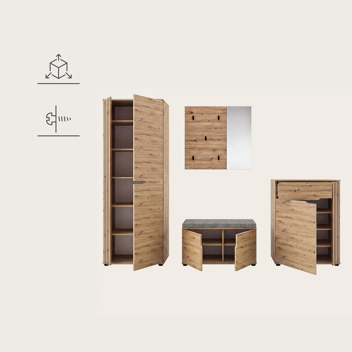 GARDEROBE 4-teilig  in 255/191/37 cm  - Eiche Artisan, Design, Holzwerkstoff (255/191/37cm) - MID.YOU