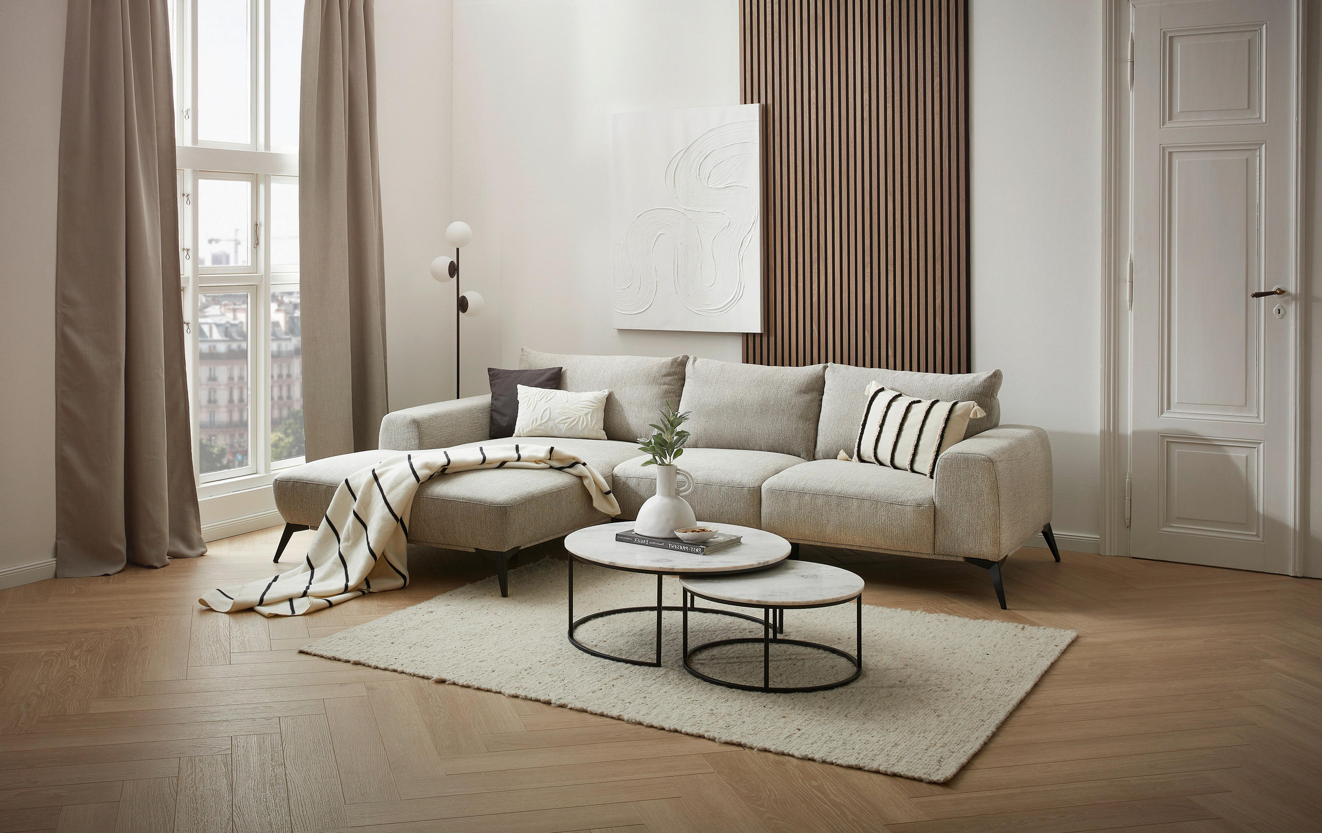 ECKSOFA Hellgrau Webstoff  - Hellgrau/Schwarz, Design, Textil/Metall (187/298cm) - Stylife